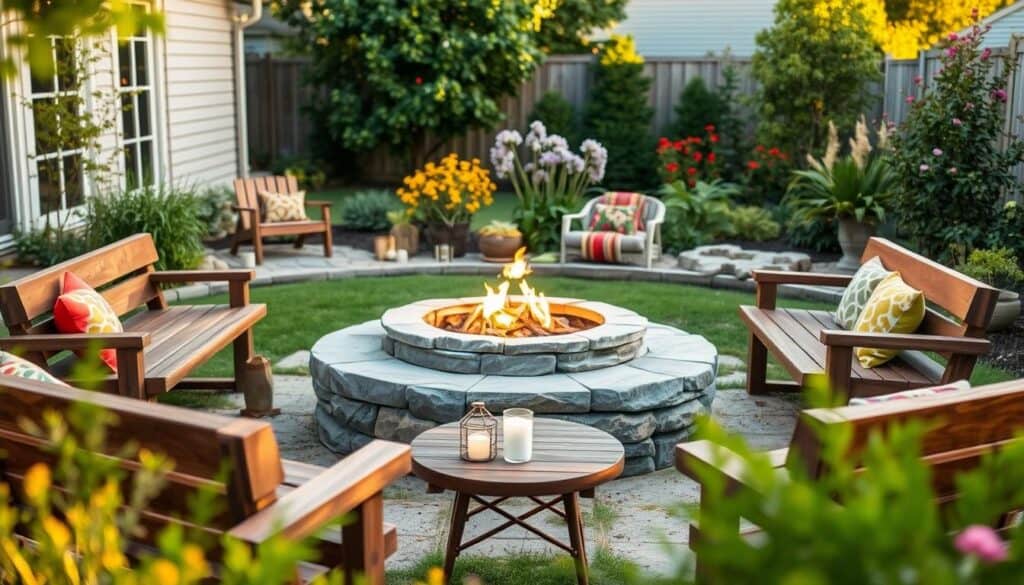A cozy outdoor fire pit area designed for a backyard, showcasing a circular stone fire pit surrounded by rustic wooden benches. The foreground features warm, inviting details like a small table with outdoor lanterns and a scattering of colorful cushions. In the middle ground, the fire pit gently flickers under the soft, warm light of a late afternoon sun, creating a welcoming atmosphere. The background includes lush greenery and flowering plants, providing a serene and inviting setting. The scene is well-lit, capturing the essence of a budget-friendly outdoor space perfect for gatherings. The angle is slightly elevated to encompass the layout and ambiance, conveying warmth and community in a realistic style. A cozy outdoor fire pit area designed for a backyard, showcasing a circular stone fire pit surrounded by rustic wooden benches. The foreground features warm, inviting details like a small table with outdoor lanterns and a scattering of colorful cushions. In the middle ground, the fire pit gently flickers under the soft, warm light of a late afternoon sun, creating a welcoming atmosphere. The background includes lush greenery and flowering plants, providing a serene and inviting setting. The scene is well-lit, capturing the essence of a budget-friendly outdoor space perfect for gatherings. The angle is slightly elevated to encompass the layout and ambiance, conveying warmth and community in a realistic style.