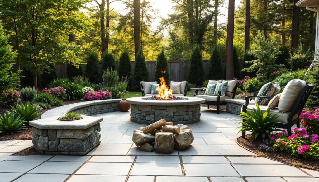 A cozy outdoor fire pit surrounded by beautifully landscaped greenery, featuring smooth flagstone patio stones and vibrant flower beds. In the foreground, include a neatly organized stack of firewood and decorative stones to enhance the safety aspect. The middle ground showcases a well-maintained fire pit with flickering flames and a circle of comfortable seating with professional outdoor cushions. In the background, tall trees filter bright natural sunlight, creating a warm and inviting atmosphere. Capture the scene from a slightly elevated angle to emphasize the surrounding landscaping and ensure the image is airy and well-lit. The mood should feel relaxing and inviting, perfect for a backyard gathering. A cozy outdoor fire pit surrounded by beautifully landscaped greenery, featuring smooth flagstone patio stones and vibrant flower beds. In the foreground, include a neatly organized stack of firewood and decorative stones to enhance the safety aspect. The middle ground showcases a well-maintained fire pit with flickering flames and a circle of comfortable seating with professional outdoor cushions. In the background, tall trees filter bright natural sunlight, creating a warm and inviting atmosphere. Capture the scene from a slightly elevated angle to emphasize the surrounding landscaping and ensure the image is airy and well-lit. The mood should feel relaxing and inviting, perfect for a backyard gathering.