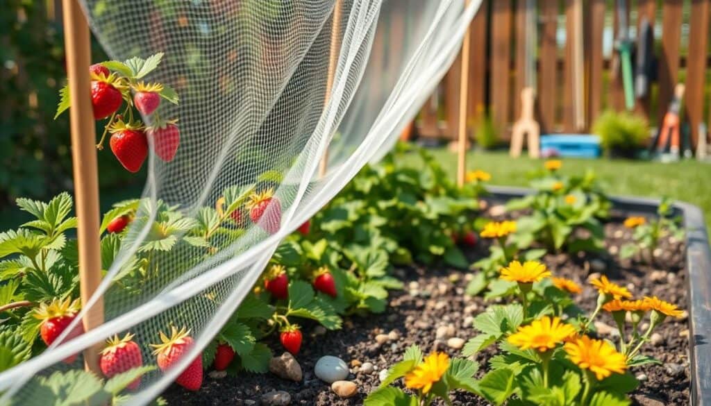A cozy raised bed garden filled with vibrant strawberry plants, lush green leaves, and bright red ripe strawberries peeking through. In the foreground, delicate bird netting is draped over the garden bed, secured with wooden stakes, effectively protecting the plants from pests and wildlife. The middle ground features an assortment of natural pest deterrents like marigold flowers and small stones, adding an element of organic gardening. The background reveals a sunny backyard scene with an inviting wooden fence and a few scattered garden tools, all illuminated by soft, warm sunlight that creates a cheerful and serene atmosphere. The image captures a sense of nurturing and care in the summer garden, emphasizing sustainability and pest control in an ideal setup. A cozy raised bed garden filled with vibrant strawberry plants, lush green leaves, and bright red ripe strawberries peeking through. In the foreground, delicate bird netting is draped over the garden bed, secured with wooden stakes, effectively protecting the plants from pests and wildlife. The middle ground features an assortment of natural pest deterrents like marigold flowers and small stones, adding an element of organic gardening. The background reveals a sunny backyard scene with an inviting wooden fence and a few scattered garden tools, all illuminated by soft, warm sunlight that creates a cheerful and serene atmosphere. The image captures a sense of nurturing and care in the summer garden, emphasizing sustainability and pest control in an ideal setup.