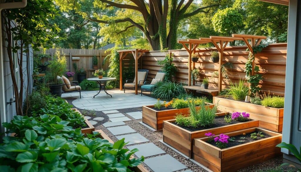 A cozy small backyard scene featuring smart hardscaping elements and integrated raised garden beds. In the foreground, showcase a series of beautifully constructed wooden raised beds filled with vibrant vegetables and flowering plants, arranged in an efficient layout. The middle ground reveals a charming stone patio area with stylish outdoor furniture, perfect for relaxing. Lush greenery surrounds the space, with climbing plants on trellises adding height and texture. In the background, a serene garden nook is illuminated by soft, natural sunlight filtering through the leaves of nearby trees, casting gentle shadows. The overall atmosphere is warm and inviting, reflecting a harmonious balance between nature and design, with an emphasis on maximizing space while maintaining aesthetics, captured in a wide-angle perspective to emphasize expansiveness. A cozy small backyard scene featuring smart hardscaping elements and integrated raised garden beds. In the foreground, showcase a series of beautifully constructed wooden raised beds filled with vibrant vegetables and flowering plants, arranged in an efficient layout. The middle ground reveals a charming stone patio area with stylish outdoor furniture, perfect for relaxing. Lush greenery surrounds the space, with climbing plants on trellises adding height and texture. In the background, a serene garden nook is illuminated by soft, natural sunlight filtering through the leaves of nearby trees, casting gentle shadows. The overall atmosphere is warm and inviting, reflecting a harmonious balance between nature and design, with an emphasis on maximizing space while maintaining aesthetics, captured in a wide-angle perspective to emphasize expansiveness.