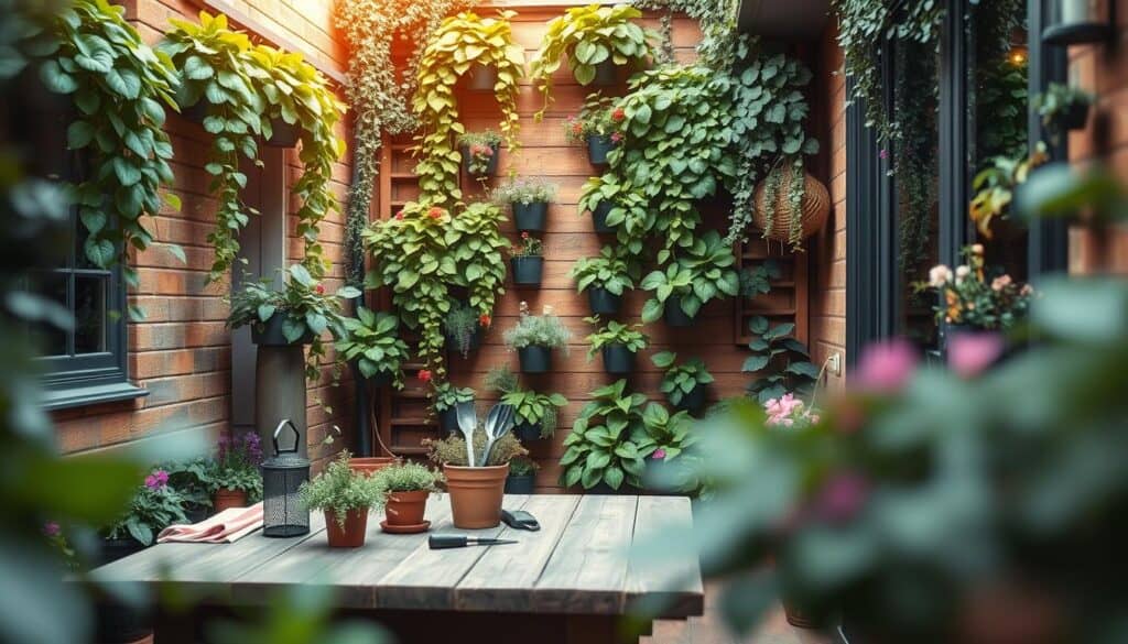 A cozy small patio featuring a stunning vertical garden filled with a variety of lush green plants, cascading vines, and colorful flowering containers. In the foreground, a rustic wooden table adorned with potted herbs and a few stylish garden tools adds a personal touch. The middle ground showcases an elegant vertical planter system, artfully designed to utilize space efficiently, while vibrant greens contrast beautifully with the natural wooden elements. The background captures soft, warm sunlight filtering through, highlighting intricate details and creating a serene, inviting atmosphere. The scene is framed with blurred edges for a soft-focus effect, evoking a luxurious retreat vibe amidst a compact outdoor oasis. A cozy small patio featuring a stunning vertical garden filled with a variety of lush green plants, cascading vines, and colorful flowering containers. In the foreground, a rustic wooden table adorned with potted herbs and a few stylish garden tools adds a personal touch. The middle ground showcases an elegant vertical planter system, artfully designed to utilize space efficiently, while vibrant greens contrast beautifully with the natural wooden elements. The background captures soft, warm sunlight filtering through, highlighting intricate details and creating a serene, inviting atmosphere. The scene is framed with blurred edges for a soft-focus effect, evoking a luxurious retreat vibe amidst a compact outdoor oasis.