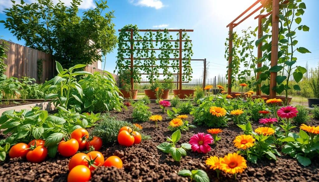 A detailed garden layout showcasing an optimized companion planting arrangement. In the foreground, vibrant vegetables like tomatoes and carrots thrive alongside aromatic herbs such as basil and parsley, interspersed with colorful marigolds that attract beneficial insects. The middle ground features a structured plot with raised garden beds, rich soil, and green foliage, illustrating the harmonious relationships between plants. In the background, a wooden trellis supports climbing beans against a backdrop of a clear blue sky and gentle sunlight filtering through, creating a warm and inviting atmosphere. The scene should evoke a sense of tranquility and vitality, with well-defined textures and colors. Use a wide-angle lens to capture the layout in a well-lit, airy space, emphasizing the beauty and health benefits of companion planting. A detailed garden layout showcasing an optimized companion planting arrangement. In the foreground, vibrant vegetables like tomatoes and carrots thrive alongside aromatic herbs such as basil and parsley, interspersed with colorful marigolds that attract beneficial insects. The middle ground features a structured plot with raised garden beds, rich soil, and green foliage, illustrating the harmonious relationships between plants. In the background, a wooden trellis supports climbing beans against a backdrop of a clear blue sky and gentle sunlight filtering through, creating a warm and inviting atmosphere. The scene should evoke a sense of tranquility and vitality, with well-defined textures and colors. Use a wide-angle lens to capture the layout in a well-lit, airy space, emphasizing the beauty and health benefits of companion planting.