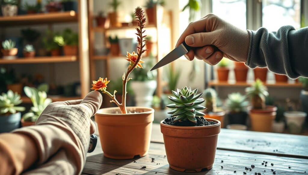 A detailed instructional scene showing how to propagate Huernia succulents. In the foreground, a pair of hands, wearing modest gardening gloves, carefully cut a healthy stem from a Huernia plant using a small sharp knife. The middle of the image features a vibrant, potted Huernia plant with distinctive star-shaped flowers, while a small pot filled with well-draining succulent soil sits nearby. The background reveals a well-lit, cozy home garden setting with bright natural light filtering through a window, casting soft shadows. Shelves in the background display various succulent plants, adding a sense of abundance. The overall mood is warm and inviting, emphasizing an approachable and educational atmosphere for plant lovers. A detailed instructional scene showing how to propagate Huernia succulents. In the foreground, a pair of hands, wearing modest gardening gloves, carefully cut a healthy stem from a Huernia plant using a small sharp knife. The middle of the image features a vibrant, potted Huernia plant with distinctive star-shaped flowers, while a small pot filled with well-draining succulent soil sits nearby. The background reveals a well-lit, cozy home garden setting with bright natural light filtering through a window, casting soft shadows. Shelves in the background display various succulent plants, adding a sense of abundance. The overall mood is warm and inviting, emphasizing an approachable and educational atmosphere for plant lovers.