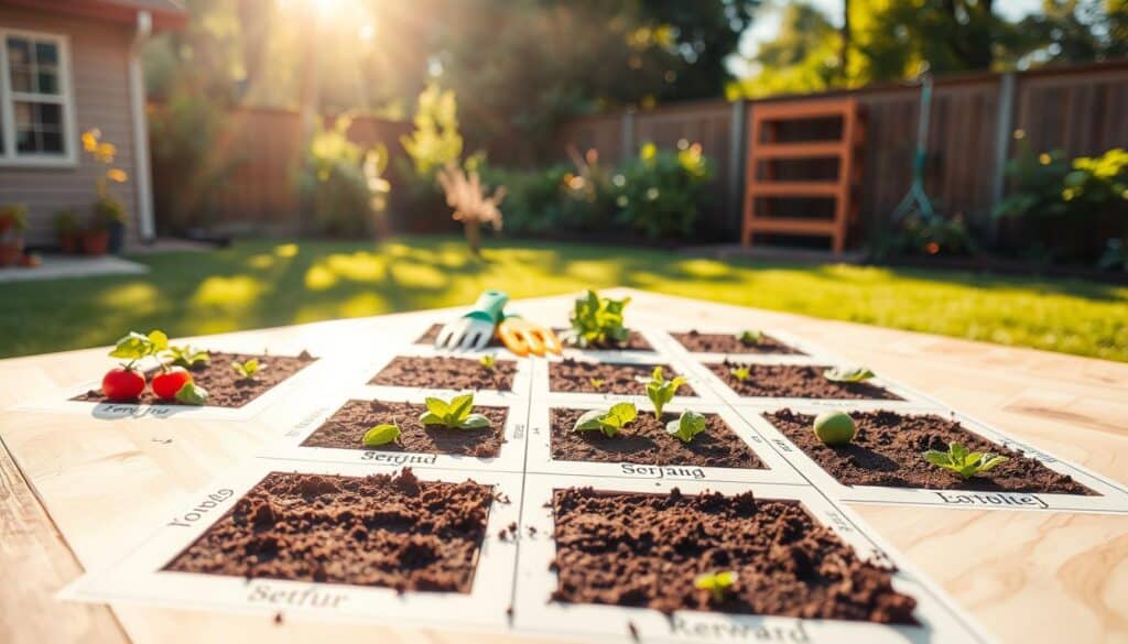 A detailed square foot garden layout plan set on a light wooden surface, featuring neatly arranged planting squares for various vegetables and herbs like tomatoes, lettuce, and basil. The foreground showcases a close-up view of planting squares, intricately designed with soil dividers and labels for each plant type. In the middle ground, a colorful assortment of garden tools like a trowel and hand fork are displayed, hinting at a hands-on gardening approach. The background reveals a lush backyard environment, radiating with bright natural light and soft sunlight filtering through nearby trees. The atmosphere feels vibrant and inviting, perfect for a backyard gardening project, with an emphasis on organization and creativity in layout design. A detailed square foot garden layout plan set on a light wooden surface, featuring neatly arranged planting squares for various vegetables and herbs like tomatoes, lettuce, and basil. The foreground showcases a close-up view of planting squares, intricately designed with soil dividers and labels for each plant type. In the middle ground, a colorful assortment of garden tools like a trowel and hand fork are displayed, hinting at a hands-on gardening approach. The background reveals a lush backyard environment, radiating with bright natural light and soft sunlight filtering through nearby trees. The atmosphere feels vibrant and inviting, perfect for a backyard gardening project, with an emphasis on organization and creativity in layout design.