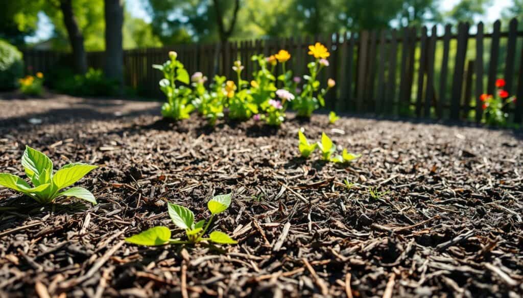 A garden scene showcasing the best organic mulch for weed prevention. In the foreground, rich, dark organic mulch made from shredded bark and straw is spread evenly around vibrant green plants and colorful flowers. The middle ground features a neatly mulched flower bed, with a variety of healthy plants emerging, while sunlight filters gently through the surrounding trees, creating dappled light patterns. In the background, a rustic wooden fence hints at a cozy, well-maintained garden space. The image is captured in bright, natural light with a soft focus effect to enhance the peaceful, inviting atmosphere of the garden. The composition is wide, showcasing the beauty and benefit of organic mulch in gardening. A garden scene showcasing the best organic mulch for weed prevention. In the foreground, rich, dark organic mulch made from shredded bark and straw is spread evenly around vibrant green plants and colorful flowers. The middle ground features a neatly mulched flower bed, with a variety of healthy plants emerging, while sunlight filters gently through the surrounding trees, creating dappled light patterns. In the background, a rustic wooden fence hints at a cozy, well-maintained garden space. The image is captured in bright, natural light with a soft focus effect to enhance the peaceful, inviting atmosphere of the garden. The composition is wide, showcasing the beauty and benefit of organic mulch in gardening.