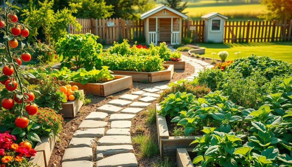 A high-yield vegetable garden in a stylish front yard, showcasing a variety of lush, vibrant vegetables such as tomatoes, peppers, lettuce, and herbs arranged in organized raised beds. In the foreground, add a neatly maintained pathway made of natural stones, bordered by flowering plants for added color. The middle ground features the raised beds, overflowing with healthy produce, all thriving under bright, natural sunlight. In the background, there are charming wooden fences and a cozy garden shed, surrounded by a picket fence and green grass. The scene is bathed in soft, golden sunlight, creating an inviting, tranquil atmosphere that reflects careful maintenance and productivity. Rendered with a clear focus and a slightly elevated angle to capture the full beauty of this tidy food yard. A high-yield vegetable garden in a stylish front yard, showcasing a variety of lush, vibrant vegetables such as tomatoes, peppers, lettuce, and herbs arranged in organized raised beds. In the foreground, add a neatly maintained pathway made of natural stones, bordered by flowering plants for added color. The middle ground features the raised beds, overflowing with healthy produce, all thriving under bright, natural sunlight. In the background, there are charming wooden fences and a cozy garden shed, surrounded by a picket fence and green grass. The scene is bathed in soft, golden sunlight, creating an inviting, tranquil atmosphere that reflects careful maintenance and productivity. Rendered with a clear focus and a slightly elevated angle to capture the full beauty of this tidy food yard.