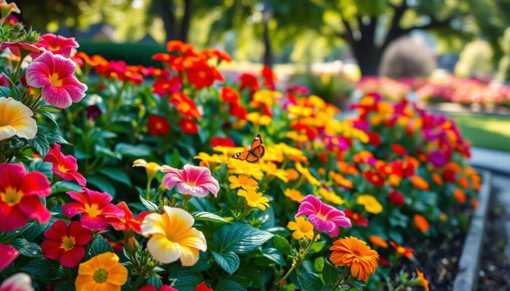A lush garden border brimming with vibrant, sweet-smelling annuals like petunias, marigolds, and sweet alyssum, showcasing their colorful blooms in a variety of hues from soft pastels to vibrant reds and yellows. The foreground features vivid flowers, dew glistening in the morning sunlight, inviting an airy, fresh feel. In the middle ground, lush green foliage offers contrast to the bright blooms, while a delicate butterfly flits gently among the flowers. The background is a blurred view of an idyllic garden, with dappled sunlight filtering through trees, creating a serene, tranquil atmosphere. The scene is captured in soft, natural light, with a shallow depth of field to emphasize the flowers in focus.