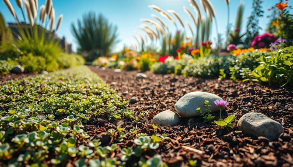 A lush garden scene featuring a variety of vibrant ground cover plants designed for weed prevention, such as creeping thyme, clover, and ornamental stones arranged artfully. In the foreground, show the textures of the rich soil intermixed with the greenery, emphasizing healthy plant growth and minimal weeds. The middle ground includes a layer of freshly laid mulch, creating a barrier against weeds, backed by a tidy row of garden beds filled with vibrant flowers and healthy vegetables. In the background, tall ornamental grasses and flowering shrubs can be seen under a bright blue sky filtered through soft sunlight, creating a warm and inviting atmosphere. The overall mood is serene and organized, suggesting effective maintenance for long-term weed control, captured from a slightly elevated angle to provide a comprehensive view of the garden layout. A lush garden scene featuring a variety of vibrant ground cover plants designed for weed prevention, such as creeping thyme, clover, and ornamental stones arranged artfully. In the foreground, show the textures of the rich soil intermixed with the greenery, emphasizing healthy plant growth and minimal weeds. The middle ground includes a layer of freshly laid mulch, creating a barrier against weeds, backed by a tidy row of garden beds filled with vibrant flowers and healthy vegetables. In the background, tall ornamental grasses and flowering shrubs can be seen under a bright blue sky filtered through soft sunlight, creating a warm and inviting atmosphere. The overall mood is serene and organized, suggesting effective maintenance for long-term weed control, captured from a slightly elevated angle to provide a comprehensive view of the garden layout.