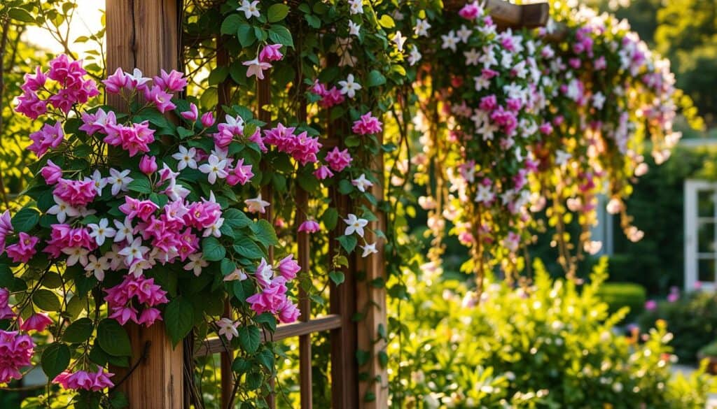 A lush garden scene featuring fragrant vining plants like jasmine, clematis, and honeysuckle cascading over a rustic wooden trellis. In the foreground, delicate clusters of flowers bloom with rich colors, radiating a sense of freshness. The middle ground reveals vines entwined beautifully, showcasing their intricate leaves and vibrant blossoms, while sunlight filters through, creating soft, dappled shadows. In the background, a serene garden setting with green foliage adds layers of depth, emphasizing the plants' aromatic allure. The atmosphere is peaceful and inviting, with bright natural light illuminating the scene during golden hour, enhancing the textures and colors of the plants. Shot with a wide-angle lens to capture the expansiveness of this fragrant vertical garden.