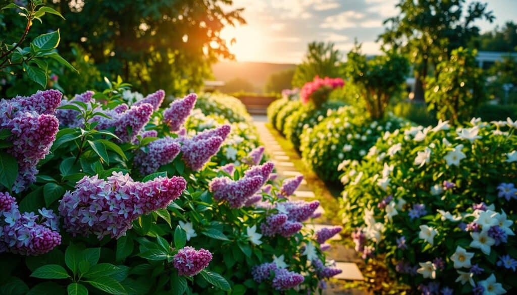 A lush garden scene showcasing a variety of fragrant flowering shrubs in full bloom. In the foreground, vibrant clusters of lilacs, gardenias, and jasmine are interspersed with lush green foliage, their delicate petals glistening with morning dew. The middle ground features a meandering path lined with these aromatic shrubs, inviting viewers deeper into the garden. In the background, a soft-focus sunlit horizon filters through gentle, wispy clouds, enhancing the serene atmosphere. The lighting is bright and natural, creating a warm, inviting glow that highlights the rich colors and textures of the plants. Capture the essence of a fragrant, peaceful sanctuary that entices the senses with its year-round aroma.