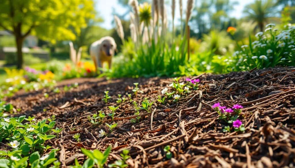 A lush garden scene showcasing natural weed control methods through mulch and vibrant ground cover plants. In the foreground, a thick layer of rich brown mulch blankets the soil, interspersed with colorful flowering ground cover, such as clover and creeping thyme. In the middle ground, an assortment of healthy perennial plants rise, their vibrant green leaves contrasting beautifully with the mulch. The background features a soft-focus view of a sunny garden, with trees casting dappled light and a clear blue sky above. The scene is bathed in warm, soft sunlight, creating a serene and inviting atmosphere, accentuating the effectiveness of natural weed suppression techniques. The image is shot from a slightly elevated angle to capture the layered density of the mulch and ground cover. A lush garden scene showcasing natural weed control methods through mulch and vibrant ground cover plants. In the foreground, a thick layer of rich brown mulch blankets the soil, interspersed with colorful flowering ground cover, such as clover and creeping thyme. In the middle ground, an assortment of healthy perennial plants rise, their vibrant green leaves contrasting beautifully with the mulch. The background features a soft-focus view of a sunny garden, with trees casting dappled light and a clear blue sky above. The scene is bathed in warm, soft sunlight, creating a serene and inviting atmosphere, accentuating the effectiveness of natural weed suppression techniques. The image is shot from a slightly elevated angle to capture the layered density of the mulch and ground cover.
