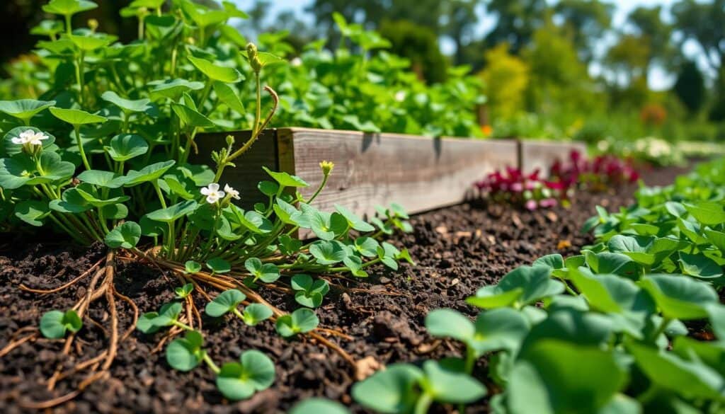 A lush, inviting raised bed garden featuring vibrant nitrogen-fixing legumes such as clover and peas flourishing with deep green foliage. In the foreground, close-up views of rich, dark soil showcasing the root structures of these plants, intertwined with delicate white blossoms. The middle ground reveals the raised bed surrounded by a variety of colorful winter cover crops, all bathed in soft, warm natural light filtering through the leaves. In the background, a serene garden setting with blurred outlines of trees and a gentle blue sky enhances the tranquility of the scene. The overall atmosphere should convey growth and vitality, emphasizing the enrichment of soil and the importance of nurturing the ecosystem. Composition should focus on a slightly elevated angle, capturing the abundance and healthy biomass of the cover crops. A lush, inviting raised bed garden featuring vibrant nitrogen-fixing legumes such as clover and peas flourishing with deep green foliage. In the foreground, close-up views of rich, dark soil showcasing the root structures of these plants, intertwined with delicate white blossoms. The middle ground reveals the raised bed surrounded by a variety of colorful winter cover crops, all bathed in soft, warm natural light filtering through the leaves. In the background, a serene garden setting with blurred outlines of trees and a gentle blue sky enhances the tranquility of the scene. The overall atmosphere should convey growth and vitality, emphasizing the enrichment of soil and the importance of nurturing the ecosystem. Composition should focus on a slightly elevated angle, capturing the abundance and healthy biomass of the cover crops.