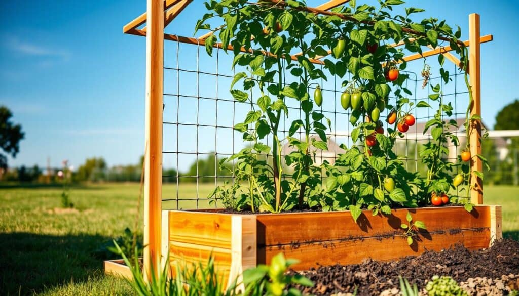 A lush vegetable garden featuring a cattle panel trellis built over a raised bed, showcasing the supportive structure draped with vibrant climbing plants like tomatoes and cucumbers. In the foreground, a well-constructed wooden raised bed filled with rich dark soil and healthy green plants is visible, while the trellis towers above it, arching gracefully. The background displays a serene backyard with gently blurred grass and a few blooming flowers, under a clear blue sky. Soft, warm sunlight bathes the scene, creating a bright and inviting atmosphere. The image should be taken from a slightly elevated angle, emphasizing the trellis's height and the abundant greenery, highlighting a sustainable and cost-effective gardening solution. A lush vegetable garden featuring a cattle panel trellis built over a raised bed, showcasing the supportive structure draped with vibrant climbing plants like tomatoes and cucumbers. In the foreground, a well-constructed wooden raised bed filled with rich dark soil and healthy green plants is visible, while the trellis towers above it, arching gracefully. The background displays a serene backyard with gently blurred grass and a few blooming flowers, under a clear blue sky. Soft, warm sunlight bathes the scene, creating a bright and inviting atmosphere. The image should be taken from a slightly elevated angle, emphasizing the trellis's height and the abundant greenery, highlighting a sustainable and cost-effective gardening solution.