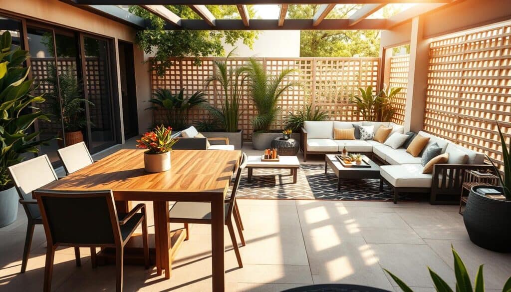A luxurious small patio design featuring multi-functional furniture in an elegant outdoor setting. In the foreground, showcase a beautifully crafted wooden dining table with sleek, modern chairs that can double as lounge seating. Add vibrant potted plants for a touch of greenery. In the middle ground, place a stylish outdoor rug and a chic sectional sofa with plush cushions, perfectly arranged for relaxation. The background reveals a decorative lattice screen, providing privacy while allowing sunlight to filter through, creating a warm and inviting atmosphere. Capture soft sunlight bathing the space in warm tones, with subtle shadows enhancing the textures of the furniture. Use a wide-angle lens to emphasize the openness of the area while maintaining detail in each element, evoking a sense of sophistication and tranquility. A luxurious small patio design featuring multi-functional furniture in an elegant outdoor setting. In the foreground, showcase a beautifully crafted wooden dining table with sleek, modern chairs that can double as lounge seating. Add vibrant potted plants for a touch of greenery. In the middle ground, place a stylish outdoor rug and a chic sectional sofa with plush cushions, perfectly arranged for relaxation. The background reveals a decorative lattice screen, providing privacy while allowing sunlight to filter through, creating a warm and inviting atmosphere. Capture soft sunlight bathing the space in warm tones, with subtle shadows enhancing the textures of the furniture. Use a wide-angle lens to emphasize the openness of the area while maintaining detail in each element, evoking a sense of sophistication and tranquility.