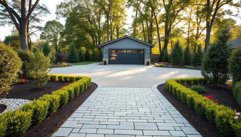 A meticulously designed hardscaped area surrounding a modern garage. In the foreground, a patterned stone pathway leads to the garage, flanked by neatly trimmed hedges and colorful flower beds, adding vibrant hues. In the middle, the sleek garage features a contemporary design with large windows, surrounded by decorative gravel and well-defined edging. The background showcases a tree line with tall, healthy trees casting gentle shadows, illuminated by soft, warm sunlight filtering through. The scene captures a serene and inviting atmosphere, emphasizing the harmony between hardscaping elements and natural landscaping. The image is shot from a slightly elevated angle, giving a comprehensive view of the driveway and the surrounding features, highlighting their cohesive design. A meticulously designed hardscaped area surrounding a modern garage. In the foreground, a patterned stone pathway leads to the garage, flanked by neatly trimmed hedges and colorful flower beds, adding vibrant hues. In the middle, the sleek garage features a contemporary design with large windows, surrounded by decorative gravel and well-defined edging. The background showcases a tree line with tall, healthy trees casting gentle shadows, illuminated by soft, warm sunlight filtering through. The scene captures a serene and inviting atmosphere, emphasizing the harmony between hardscaping elements and natural landscaping. The image is shot from a slightly elevated angle, giving a comprehensive view of the driveway and the surrounding features, highlighting their cohesive design.