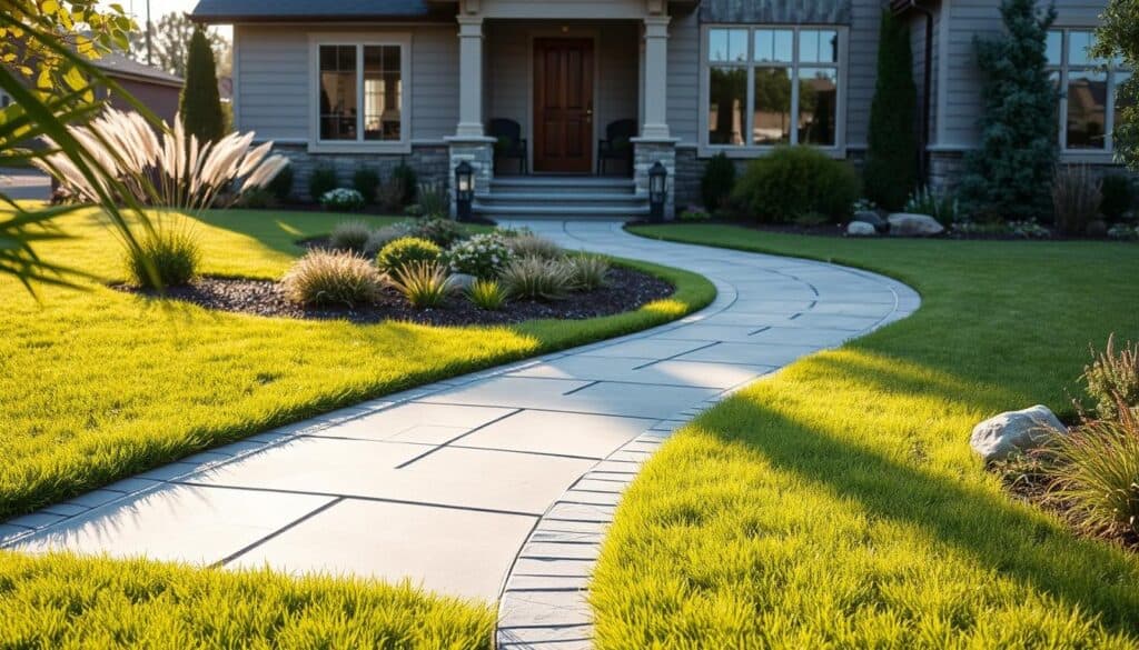 A modern paver walkway design meanders through a beautifully landscaped front yard, featuring sleek, rectangular pavers in varying shades of gray and beige that create a clean, contemporary look. The foreground showcases well-manicured grass lining the walkway, while vibrant, low-maintenance plants like ornamental grasses and perennials add pops of color. In the middle ground, elegant stone borders enhance the walkway's structure, and cozy outdoor lighting fixtures are subtly integrated along the path. The background reveals a charming home with large windows, allowing warm sunlight to flood the scene, creating an inviting atmosphere. The soft sunlight casts gentle shadows, emphasizing the sharp lines of the design. The composition is captured from a slightly elevated angle to showcase the layout and connection to the home, conveying a sense of sophistication and tranquility. A modern paver walkway design meanders through a beautifully landscaped front yard, featuring sleek, rectangular pavers in varying shades of gray and beige that create a clean, contemporary look. The foreground showcases well-manicured grass lining the walkway, while vibrant, low-maintenance plants like ornamental grasses and perennials add pops of color. In the middle ground, elegant stone borders enhance the walkway's structure, and cozy outdoor lighting fixtures are subtly integrated along the path. The background reveals a charming home with large windows, allowing warm sunlight to flood the scene, creating an inviting atmosphere. The soft sunlight casts gentle shadows, emphasizing the sharp lines of the design. The composition is captured from a slightly elevated angle to showcase the layout and connection to the home, conveying a sense of sophistication and tranquility.