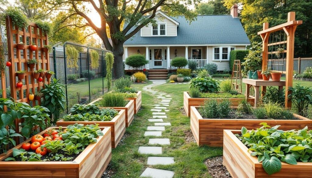 A modern raised garden bed in a front yard, showcasing a neat arrangement of vibrant vegetables and herbs. The foreground features beautifully crafted wooden beds with varying heights, filled with lush greens and colorful vegetables like tomatoes, peppers, and leafy greens. Vertical gardening elements, such as trellises adorned with climbing plants and pockets of herbs, add visual interest. In the middle ground, a winding stone pathway leads through the garden, while decorative elements like potting benches and watering cans enhance functionality. The background displays a charming suburban home with soft, natural lighting filtering through trees, creating a serene and inviting atmosphere. The composition captures the essence of a practical yet aesthetically pleasing vegetable garden, emphasizing clean lines and organic beauty. A modern raised garden bed in a front yard, showcasing a neat arrangement of vibrant vegetables and herbs. The foreground features beautifully crafted wooden beds with varying heights, filled with lush greens and colorful vegetables like tomatoes, peppers, and leafy greens. Vertical gardening elements, such as trellises adorned with climbing plants and pockets of herbs, add visual interest. In the middle ground, a winding stone pathway leads through the garden, while decorative elements like potting benches and watering cans enhance functionality. The background displays a charming suburban home with soft, natural lighting filtering through trees, creating a serene and inviting atmosphere. The composition captures the essence of a practical yet aesthetically pleasing vegetable garden, emphasizing clean lines and organic beauty.