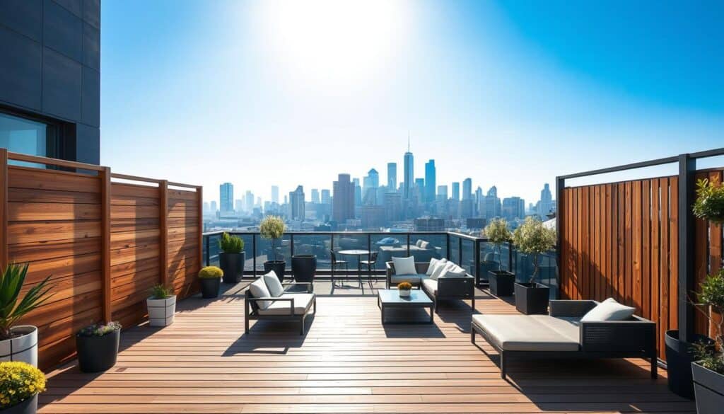 A modern urban patio featuring sleek, smart privacy screens made of natural wood and high-tech materials. In the foreground, display elegant, modular privacy screens that blend stylishly with potted greenery and decorative lighting. The middle ground showcases comfortable, minimalist outdoor furniture arranged on a refined wooden deck, inviting relaxation. In the background, depict a vibrant city skyline under a clear blue sky, bathed in soft, natural sunlight, creating an airy atmosphere. The scene evokes a sense of tranquility and luxury, emphasizing comfort and sophistication in a small outdoor space. Use a wide-angle lens to capture the entire scene, ensuring the lighting highlights the textures of the materials used, enhancing the modern aesthetic. A modern urban patio featuring sleek, smart privacy screens made of natural wood and high-tech materials. In the foreground, display elegant, modular privacy screens that blend stylishly with potted greenery and decorative lighting. The middle ground showcases comfortable, minimalist outdoor furniture arranged on a refined wooden deck, inviting relaxation. In the background, depict a vibrant city skyline under a clear blue sky, bathed in soft, natural sunlight, creating an airy atmosphere. The scene evokes a sense of tranquility and luxury, emphasizing comfort and sophistication in a small outdoor space. Use a wide-angle lens to capture the entire scene, ensuring the lighting highlights the textures of the materials used, enhancing the modern aesthetic.
