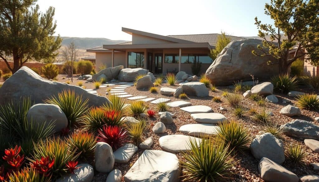 A modern xeriscape front yard featuring strategically placed rocks and boulders. In the foreground, vibrant succulent plants and native grasses accentuate smooth river stones, creating a lush, low-maintenance garden. The middle ground showcases several large boulders, artistically arranged to form natural seating areas, their textured surfaces catching soft sunlight. The background is a subtle blend of a modern home with architecturally interesting lines, surrounded by gentle, rolling hills. The lighting is bright and airy, with soft sunlight illuminating the scene, creating a tranquil and inviting atmosphere. Use a wide-angle perspective to capture the expanse of the xeriscape design, conveying a sense of harmony and sophistication. The overall mood is serene and elegant, perfect for showcasing innovative landscaping ideas. A modern xeriscape front yard featuring strategically placed rocks and boulders. In the foreground, vibrant succulent plants and native grasses accentuate smooth river stones, creating a lush, low-maintenance garden. The middle ground showcases several large boulders, artistically arranged to form natural seating areas, their textured surfaces catching soft sunlight. The background is a subtle blend of a modern home with architecturally interesting lines, surrounded by gentle, rolling hills. The lighting is bright and airy, with soft sunlight illuminating the scene, creating a tranquil and inviting atmosphere. Use a wide-angle perspective to capture the expanse of the xeriscape design, conveying a sense of harmony and sophistication. The overall mood is serene and elegant, perfect for showcasing innovative landscaping ideas.