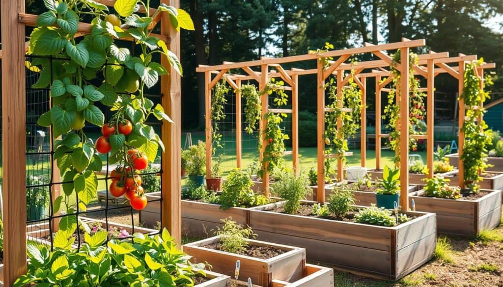 A neatly designed raised bed garden featuring vertical gardening techniques, showcasing various colorful vegetables and flowers growing on an innovative trellis structure. In the foreground, vibrant green leaves of climbing plants like cucumbers and tomatoes beautifully cascade from a wooden trellis, while rustic wooden planters are filled with lush herbs. The middle ground displays a variety of wooden support frames interconnected, adorned with climbing plants, bathed in bright, natural sunlight. In the background, a serene garden setting with soft sunlight filtering through tall trees creates a warm, inviting atmosphere. The scene captures the essence of DIY creativity and sustainable gardening, highlighting the beauty of nature in a harmonious and well-organized layout. A neatly designed raised bed garden featuring vertical gardening techniques, showcasing various colorful vegetables and flowers growing on an innovative trellis structure. In the foreground, vibrant green leaves of climbing plants like cucumbers and tomatoes beautifully cascade from a wooden trellis, while rustic wooden planters are filled with lush herbs. The middle ground displays a variety of wooden support frames interconnected, adorned with climbing plants, bathed in bright, natural sunlight. In the background, a serene garden setting with soft sunlight filtering through tall trees creates a warm, inviting atmosphere. The scene captures the essence of DIY creativity and sustainable gardening, highlighting the beauty of nature in a harmonious and well-organized layout.