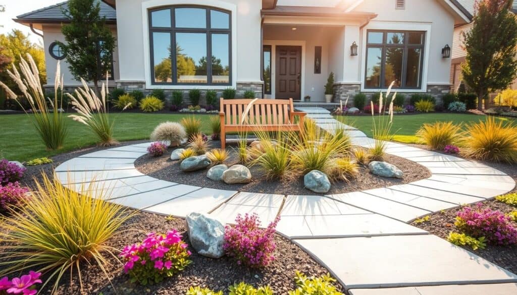 A picturesque front yard featuring a well-maintained landscape, designed for low maintenance yet high visual impact. In the foreground, a vibrant garden bed with colorful perennials and ornamental grasses is neatly arranged around a modern stone pathway. A few decorative rocks scatter throughout to add texture. In the middle, a charming wooden bench sits amidst the greenery, inviting relaxation. The background showcases a modern suburban home with an elegant facade, accentuated by large windows reflecting the bright morning sun. Soft, natural light bathes the scene, creating a warm and inviting atmosphere. The perspective is from slightly above eye level, highlighting the layout and design details. Overall, the image conveys a cheerful and refreshed curb appeal, ideal for weekend landscaping projects. A picturesque front yard featuring a well-maintained landscape, designed for low maintenance yet high visual impact. In the foreground, a vibrant garden bed with colorful perennials and ornamental grasses is neatly arranged around a modern stone pathway. A few decorative rocks scatter throughout to add texture. In the middle, a charming wooden bench sits amidst the greenery, inviting relaxation. The background showcases a modern suburban home with an elegant facade, accentuated by large windows reflecting the bright morning sun. Soft, natural light bathes the scene, creating a warm and inviting atmosphere. The perspective is from slightly above eye level, highlighting the layout and design details. Overall, the image conveys a cheerful and refreshed curb appeal, ideal for weekend landscaping projects.