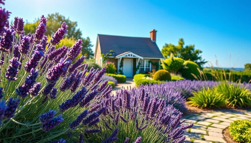 A picturesque garden layout featuring vibrant lavender plants as a stunning border, showcasing their rich purple hues. In the foreground, lush clusters of lavender sway gently in a soft breeze, adding texture and color. The middle section reveals a meticulously designed pathway, lined with neat stone pavers, guiding the eye through the garden. Delicate flowering plants and ornamental grasses complement the lavender, enhancing the visual appeal. In the background, a charming cottage stands under a bright blue sky, bathed in soft, warm sunlight, creating a serene atmosphere. The scene is designed to evoke tranquility and beauty, with a focus on natural light that highlights the lush greenery and purple flowers, perfect for maximum curb appeal. A picturesque garden layout featuring vibrant lavender plants as a stunning border, showcasing their rich purple hues. In the foreground, lush clusters of lavender sway gently in a soft breeze, adding texture and color. The middle section reveals a meticulously designed pathway, lined with neat stone pavers, guiding the eye through the garden. Delicate flowering plants and ornamental grasses complement the lavender, enhancing the visual appeal. In the background, a charming cottage stands under a bright blue sky, bathed in soft, warm sunlight, creating a serene atmosphere. The scene is designed to evoke tranquility and beauty, with a focus on natural light that highlights the lush greenery and purple flowers, perfect for maximum curb appeal.