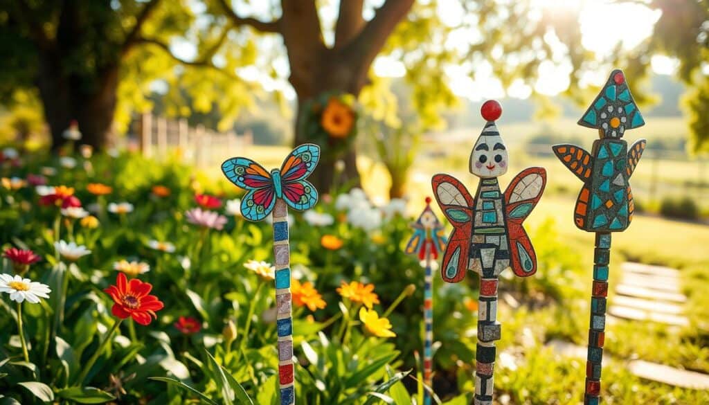 A picturesque garden scene showcasing creative outdoor mosaic art. In the foreground, colorful mosaic garden stakes and whimsical totems made from vibrant, broken ceramic tiles and glass pieces sparkle in the sunlight, depicting nature-inspired patterns like flowers, butterflies, and abstract designs. The middle ground features lush greenery and blooming flowers, creating a harmonious contrast with the bold colors of the mosaics. The background reveals a softly blurred, sun-drenched garden landscape, with gentle shadows cast by overhanging trees. The scene is illuminated with bright, natural light and soft sunlight, giving it an airy, inviting atmosphere. The angle captures the stakes and totems from a low perspective, emphasizing their artistic details against the serene garden backdrop. A picturesque garden scene showcasing creative outdoor mosaic art. In the foreground, colorful mosaic garden stakes and whimsical totems made from vibrant, broken ceramic tiles and glass pieces sparkle in the sunlight, depicting nature-inspired patterns like flowers, butterflies, and abstract designs. The middle ground features lush greenery and blooming flowers, creating a harmonious contrast with the bold colors of the mosaics. The background reveals a softly blurred, sun-drenched garden landscape, with gentle shadows cast by overhanging trees. The scene is illuminated with bright, natural light and soft sunlight, giving it an airy, inviting atmosphere. The angle captures the stakes and totems from a low perspective, emphasizing their artistic details against the serene garden backdrop.