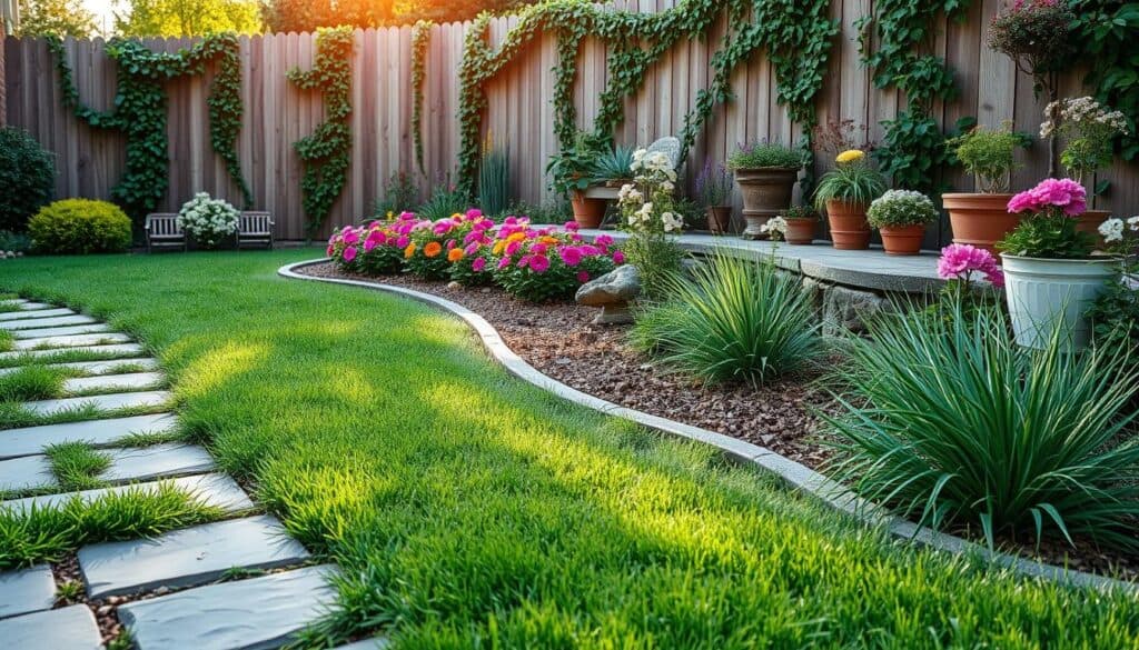 A picturesque side yard featuring effective drainage solutions and weed control techniques. In the foreground, a beautifully arranged stone pathway meanders through lush green grass, bordered by strategically placed rain gutters directing water flow. In the middle ground, a vibrant flower bed, bursting with colorful blooms, showcases a weed barrier with mulch peeking from beneath the petals. The background captures a charming wooden fence with climbing vines and an array of potted plants soaking up soft, natural sunlight. The overall ambiance feels serene and organized, with a gentle breeze making the leaves shimmer. The scene is captured from a slightly elevated angle, accentuating the well-maintained drainage system and greenery, all bathed in a warm, inviting glow. A picturesque side yard featuring effective drainage solutions and weed control techniques. In the foreground, a beautifully arranged stone pathway meanders through lush green grass, bordered by strategically placed rain gutters directing water flow. In the middle ground, a vibrant flower bed, bursting with colorful blooms, showcases a weed barrier with mulch peeking from beneath the petals. The background captures a charming wooden fence with climbing vines and an array of potted plants soaking up soft, natural sunlight. The overall ambiance feels serene and organized, with a gentle breeze making the leaves shimmer. The scene is captured from a slightly elevated angle, accentuating the well-maintained drainage system and greenery, all bathed in a warm, inviting glow.