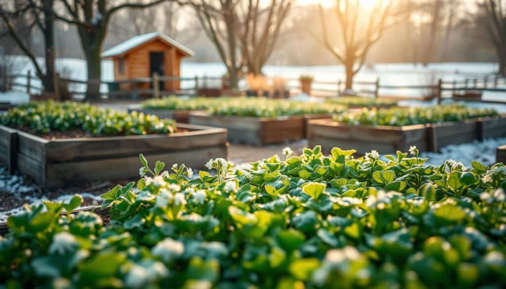 A picturesque winter scene featuring raised garden beds, filled with lush winter cover crops like clover, rye, and vetch, showcasing their vibrant greens and delicate white flowers. In the foreground, frost-kissed soil highlights the protective benefits of these crops. The middle layer reveals the garden beds nestled in a serene landscape, surrounded by lightly falling snowflakes and gentle sunlight filtering through bare tree branches. In the background, a soft-focus of a quaint wooden shed and a winter sky adds to the tranquil atmosphere. The angle captures a slightly elevated perspective, emphasizing the structure and healthy growth of the cover crops, creating a calm, inviting atmosphere that underscores the importance of winter gardening. A picturesque winter scene featuring raised garden beds, filled with lush winter cover crops like clover, rye, and vetch, showcasing their vibrant greens and delicate white flowers. In the foreground, frost-kissed soil highlights the protective benefits of these crops. The middle layer reveals the garden beds nestled in a serene landscape, surrounded by lightly falling snowflakes and gentle sunlight filtering through bare tree branches. In the background, a soft-focus of a quaint wooden shed and a winter sky adds to the tranquil atmosphere. The angle captures a slightly elevated perspective, emphasizing the structure and healthy growth of the cover crops, creating a calm, inviting atmosphere that underscores the importance of winter gardening.