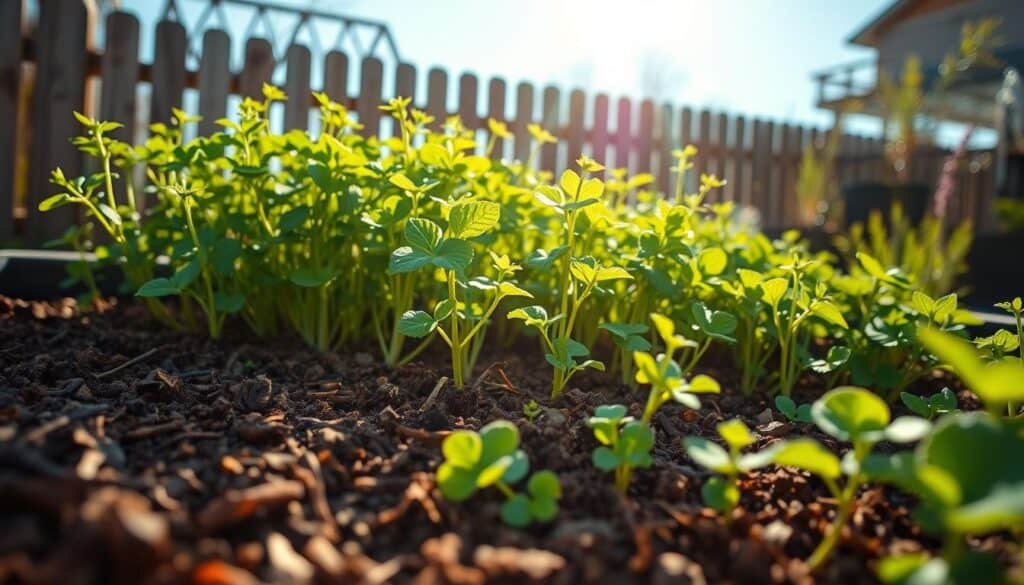 A raised garden bed brimming with vibrant cover crops suitable for winter planting, such as clover, rye, and vetch, showcasing their lush green foliage. In the foreground, a mix of textured soil and rich organic mulch is visible, while the middle ground features the semi-tall plants with delicate leaves swaying gently. The background reveals a rustic wooden fence, partly enveloped by soft sunlight filtering through a clear blue sky, casting gentle shadows that enhance the scene's warmth. Use a shallow depth of field to focus on the details of the plants while keeping the background slightly blurred. The overall atmosphere is calm, nurturing, and promotes the beauty of sustainable gardening practices. A raised garden bed brimming with vibrant cover crops suitable for winter planting, such as clover, rye, and vetch, showcasing their lush green foliage. In the foreground, a mix of textured soil and rich organic mulch is visible, while the middle ground features the semi-tall plants with delicate leaves swaying gently. The background reveals a rustic wooden fence, partly enveloped by soft sunlight filtering through a clear blue sky, casting gentle shadows that enhance the scene's warmth. Use a shallow depth of field to focus on the details of the plants while keeping the background slightly blurred. The overall atmosphere is calm, nurturing, and promotes the beauty of sustainable gardening practices.