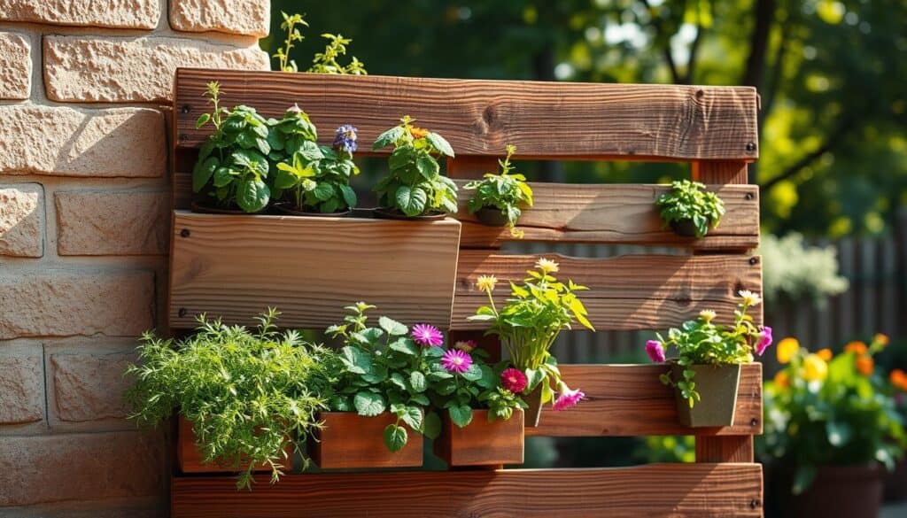 A rustic DIY pallet vertical garden, showcasing a wooden pallet mounted against a sunlit wall in a backyard setting. In the foreground, vibrant green herbs and colorful flowers are thriving in various small planters attached to the pallet, each bursting with life and detail. The middle section features the textured wood of the pallet, weathered and painted in earthy tones, with visible grains and character. The background is softly blurred, revealing a serene garden scene with lush foliage and dappled sunlight filtering through trees, creating a warm and inviting atmosphere. The composition is captured with a shallow depth of field, emphasizing the pallet garden while allowing the vibrant colors of the plants to stand out. Ideal lighting highlights the natural beauty of this vertical garden, evoking a sense of tranquility and creativity. A rustic DIY pallet vertical garden, showcasing a wooden pallet mounted against a sunlit wall in a backyard setting. In the foreground, vibrant green herbs and colorful flowers are thriving in various small planters attached to the pallet, each bursting with life and detail. The middle section features the textured wood of the pallet, weathered and painted in earthy tones, with visible grains and character. The background is softly blurred, revealing a serene garden scene with lush foliage and dappled sunlight filtering through trees, creating a warm and inviting atmosphere. The composition is captured with a shallow depth of field, emphasizing the pallet garden while allowing the vibrant colors of the plants to stand out. Ideal lighting highlights the natural beauty of this vertical garden, evoking a sense of tranquility and creativity.
