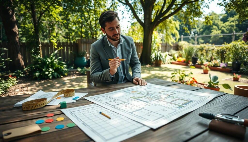 A serene backyard garden planning scene. In the foreground, a wooden table is strewn with garden layout sketches, colorful plant markers, a measuring tape, and gardening tools. A detailed, hand-drawn garden plan is visible, showcasing various plant sections and pathways. In the middle ground, a person wearing smart casual clothing is intently studying the garden layout, holding a pencil with a thoughtful expression. Soft sunlight filters through nearby trees, casting gentle shadows and highlighting the lush greenery surrounding the space. In the background, a partially visible fence and a few colorful flower beds add depth, creating a tranquil atmosphere. The composition should evoke a sense of creativity and anticipation for the gardening journey ahead, with bright natural light enhancing the overall mood. A serene backyard garden planning scene. In the foreground, a wooden table is strewn with garden layout sketches, colorful plant markers, a measuring tape, and gardening tools. A detailed, hand-drawn garden plan is visible, showcasing various plant sections and pathways. In the middle ground, a person wearing smart casual clothing is intently studying the garden layout, holding a pencil with a thoughtful expression. Soft sunlight filters through nearby trees, casting gentle shadows and highlighting the lush greenery surrounding the space. In the background, a partially visible fence and a few colorful flower beds add depth, creating a tranquil atmosphere. The composition should evoke a sense of creativity and anticipation for the gardening journey ahead, with bright natural light enhancing the overall mood.
