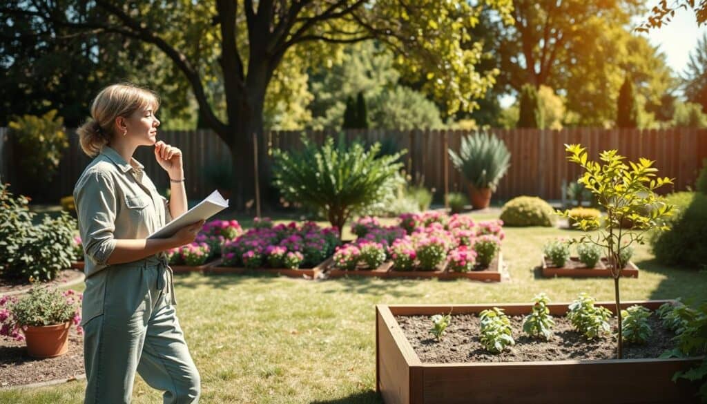 A serene backyard scene showcasing a beginner gardener contemplating the ideal location for their garden. In the foreground, a thoughtful person dressed in modest casual attire stands beside a wooden garden bed, examining the sun's position with a notebook in hand. In the middle ground, rows of vibrant flowers, bushes, and a small tree suggest favorable gardening conditions. The background features a sunlit yard with natural greenery, a wooden fence, and a clear blue sky. Soft sunlight filters through the trees, creating dappled shadows on the ground, enhancing the peaceful, reflective atmosphere of making thoughtful choices in gardening. The composition captures the essence of nurturing, growth, and the importance of location in gardening success. A serene backyard scene showcasing a beginner gardener contemplating the ideal location for their garden. In the foreground, a thoughtful person dressed in modest casual attire stands beside a wooden garden bed, examining the sun's position with a notebook in hand. In the middle ground, rows of vibrant flowers, bushes, and a small tree suggest favorable gardening conditions. The background features a sunlit yard with natural greenery, a wooden fence, and a clear blue sky. Soft sunlight filters through the trees, creating dappled shadows on the ground, enhancing the peaceful, reflective atmosphere of making thoughtful choices in gardening. The composition captures the essence of nurturing, growth, and the importance of location in gardening success.