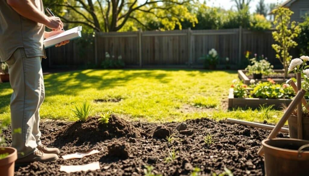 A serene backyard scene showcasing a site evaluation for garden design. In the foreground, a professional landscape designer in casual yet modest clothing stands next to a clipboard, taking notes. Surrounding them are various garden plants and soil samples. In the middle ground, an open section of the yard is being assessed, with sunlight filtering through trees and illuminating a patch of grass. Rich textures of soil, plant life, and garden tools are visible, creating an inviting atmosphere. The background features a simple wooden fence and a few garden beds with blooming flowers. The lighting is bright and soft, capturing the essence of a clear, sunny day, evoking a sense of tranquility and inspiration for garden planning. A serene backyard scene showcasing a site evaluation for garden design. In the foreground, a professional landscape designer in casual yet modest clothing stands next to a clipboard, taking notes. Surrounding them are various garden plants and soil samples. In the middle ground, an open section of the yard is being assessed, with sunlight filtering through trees and illuminating a patch of grass. Rich textures of soil, plant life, and garden tools are visible, creating an inviting atmosphere. The background features a simple wooden fence and a few garden beds with blooming flowers. The lighting is bright and soft, capturing the essence of a clear, sunny day, evoking a sense of tranquility and inspiration for garden planning.