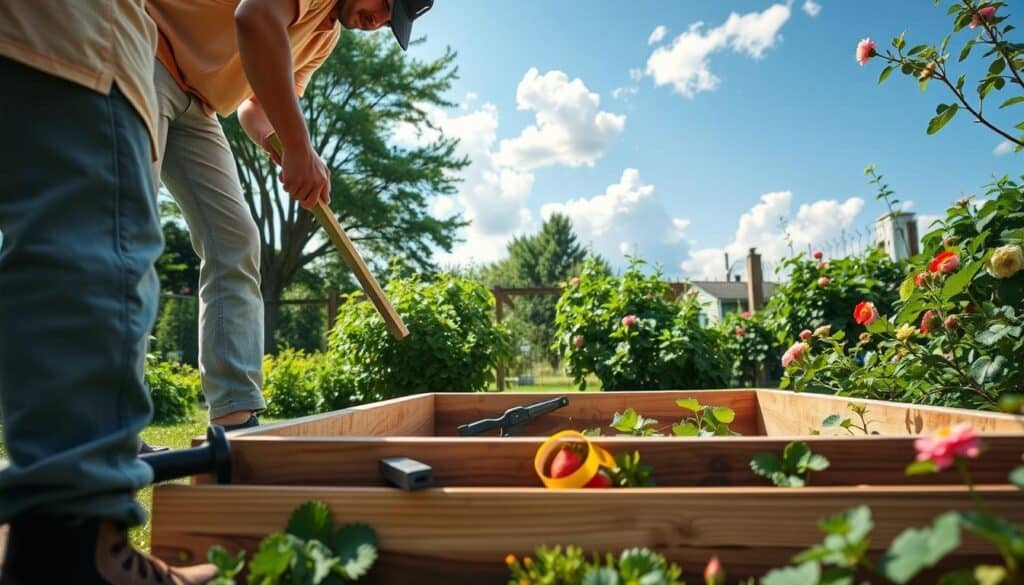 A serene backyard scene showcasing the process of building a raised bed for strawberries. In the foreground, a skilled gardener in casual clothing is assembling wooden boards to create a rectangular raised bed, focusing on precise measurements. The middle section features tools like a saw, hammer, and measuring tape scattered about, with fresh strawberry plants nearby. In the background, a bright blue sky peeks through fluffy white clouds, while lush greenery and blooming flowers frame the scene, enhancing the tranquility. Soft sunlight bathes the entire setting, creating a warm, inviting atmosphere. Capture the details of the wooden texture, the tools in use, and the vibrant colors of the plants, emphasizing the joy of gardening. A serene backyard scene showcasing the process of building a raised bed for strawberries. In the foreground, a skilled gardener in casual clothing is assembling wooden boards to create a rectangular raised bed, focusing on precise measurements. The middle section features tools like a saw, hammer, and measuring tape scattered about, with fresh strawberry plants nearby. In the background, a bright blue sky peeks through fluffy white clouds, while lush greenery and blooming flowers frame the scene, enhancing the tranquility. Soft sunlight bathes the entire setting, creating a warm, inviting atmosphere. Capture the details of the wooden texture, the tools in use, and the vibrant colors of the plants, emphasizing the joy of gardening.