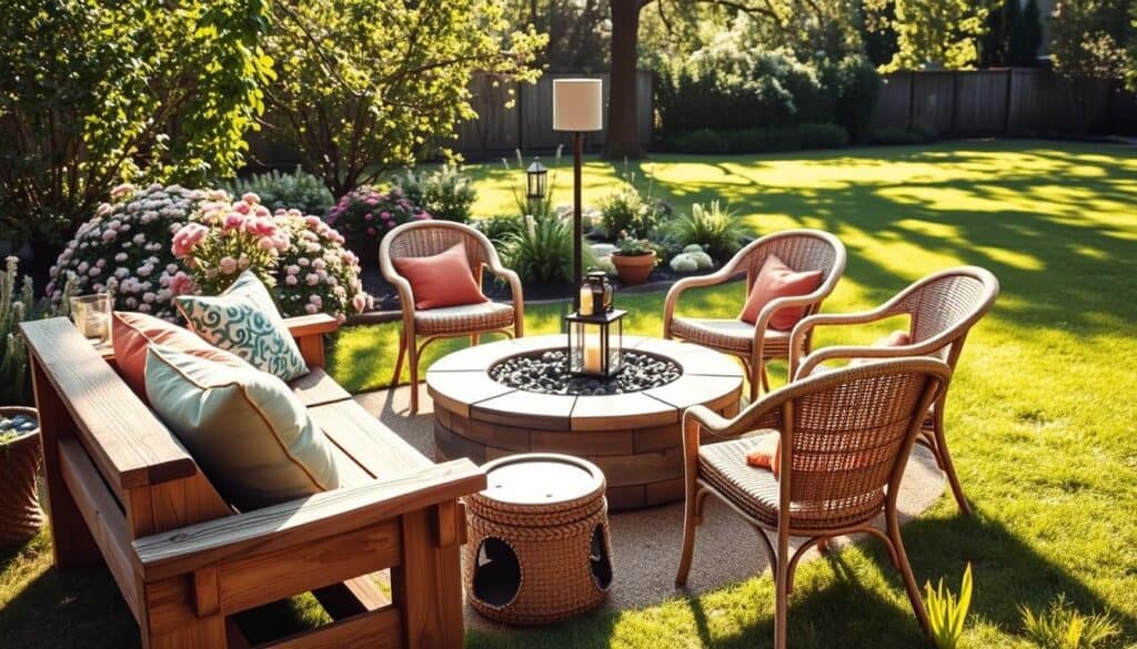 A serene backyard scene showcasing various cozy seating solutions around a stylish fire pit. In the foreground, a rustic wooden bench adorned with colorful throw pillows invites relaxation. Nearby, a circle of four woven chairs encircles the fire pit, their natural tones blending seamlessly with the lush greenery. In the middle ground, a small side table holds a lantern and drinks, adding warmth and charm. The background features soft, blooming flowers and a well-maintained lawn, bathed in bright natural light, enhancing the inviting atmosphere. The scene captures a peaceful, budget-friendly outdoor space perfect for gatherings, with soft sunlight filtering through trees, casting gentle shadows. The overall mood is cozy, warm, and welcoming, ideal for a backyard retreat. A serene backyard scene showcasing various cozy seating solutions around a stylish fire pit. In the foreground, a rustic wooden bench adorned with colorful throw pillows invites relaxation. Nearby, a circle of four woven chairs encircles the fire pit, their natural tones blending seamlessly with the lush greenery. In the middle ground, a small side table holds a lantern and drinks, adding warmth and charm. The background features soft, blooming flowers and a well-maintained lawn, bathed in bright natural light, enhancing the inviting atmosphere. The scene captures a peaceful, budget-friendly outdoor space perfect for gatherings, with soft sunlight filtering through trees, casting gentle shadows. The overall mood is cozy, warm, and welcoming, ideal for a backyard retreat.