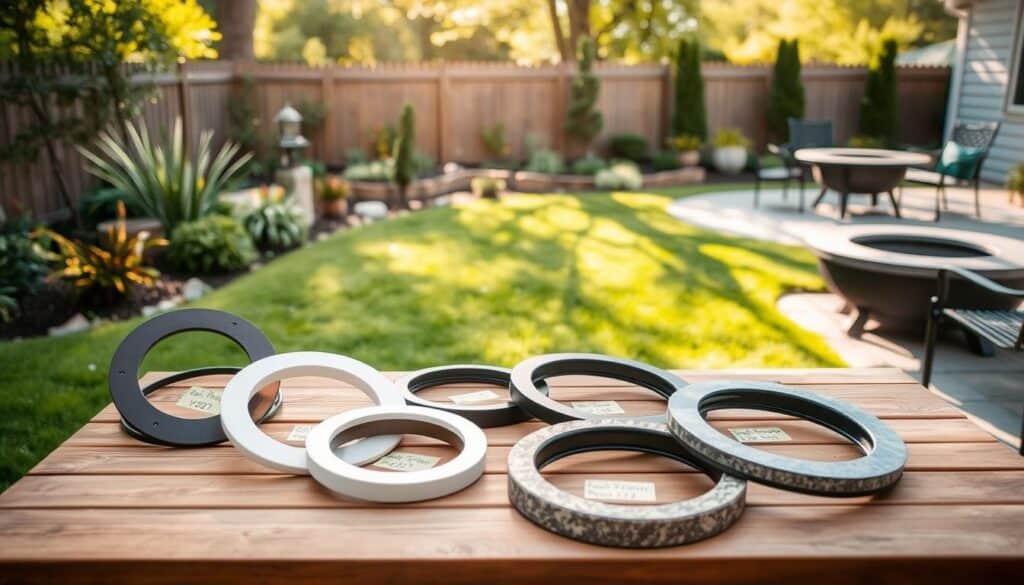 A serene backyard setting showcasing a selection of cost-effective fire pit inserts and rings arranged on a wooden table. In the foreground, a variety of fire pit inserts made from steel, ceramic, and stone are neatly displayed, with labels indicating their features and prices. In the middle ground, a well-maintained backyard features lush green grass, surrounded by decorative plants and soft sunlight filtering through the trees, creating a warm and inviting atmosphere. In the background, a stylish fire pit, partially assembled, sits on a paved patio. The scene is captured with a shallow depth of field, emphasizing the fire pit inserts while the background remains softly blurred, conveying a sense of tranquility and the joy of outdoor living. A serene backyard setting showcasing a selection of cost-effective fire pit inserts and rings arranged on a wooden table. In the foreground, a variety of fire pit inserts made from steel, ceramic, and stone are neatly displayed, with labels indicating their features and prices. In the middle ground, a well-maintained backyard features lush green grass, surrounded by decorative plants and soft sunlight filtering through the trees, creating a warm and inviting atmosphere. In the background, a stylish fire pit, partially assembled, sits on a paved patio. The scene is captured with a shallow depth of field, emphasizing the fire pit inserts while the background remains softly blurred, conveying a sense of tranquility and the joy of outdoor living.