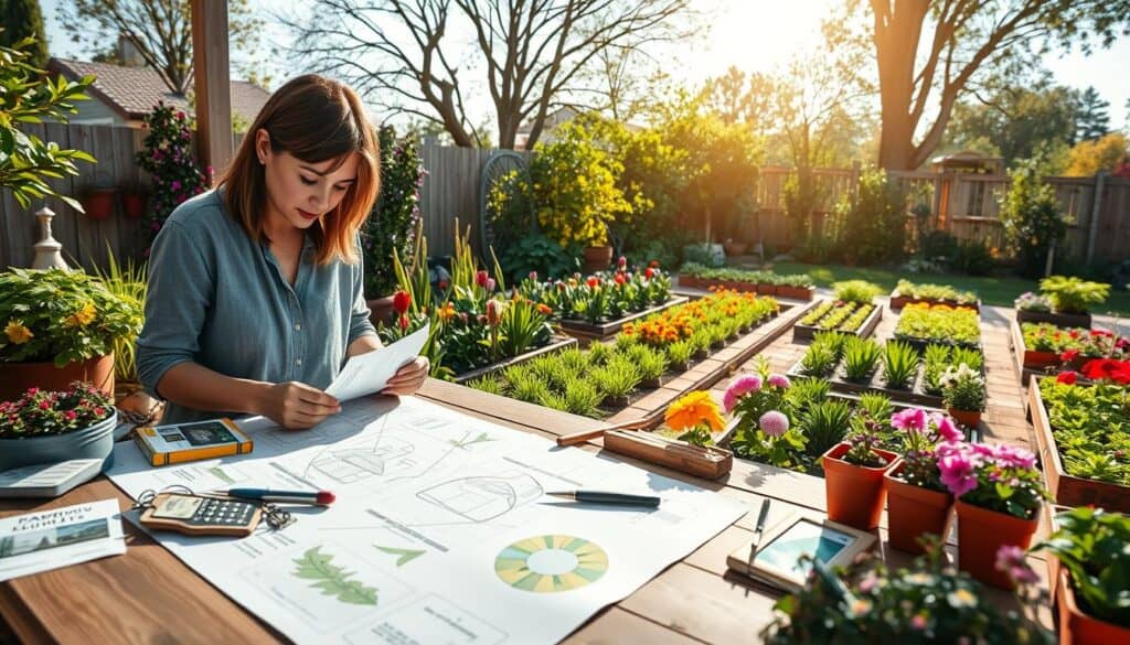 A serene garden planning scene featuring a well-organized outdoor workspace. In the foreground, a wooden table is covered with planting diagrams, seed packets, and gardening tools. A person in casual attire studies the layout with a focused expression, surrounded by colorful flowers and plants. In the middle, a lush garden with vibrant greens and pops of color from blooming flowers illustrates various planting arrangements, with clear pathways and borders. The background showcases a sunny backyard with a soft blue sky and gentle sunlight filtering through trees, creating a warm, inviting atmosphere. The scene captures a sense of creativity and thoughtful planning in the garden design process, highlighting the essence of selecting the best planting arrangement. Natural light bathes the area, enhancing the vivid colors and textures of the plants. A serene garden planning scene featuring a well-organized outdoor workspace. In the foreground, a wooden table is covered with planting diagrams, seed packets, and gardening tools. A person in casual attire studies the layout with a focused expression, surrounded by colorful flowers and plants. In the middle, a lush garden with vibrant greens and pops of color from blooming flowers illustrates various planting arrangements, with clear pathways and borders. The background showcases a sunny backyard with a soft blue sky and gentle sunlight filtering through trees, creating a warm, inviting atmosphere. The scene captures a sense of creativity and thoughtful planning in the garden design process, highlighting the essence of selecting the best planting arrangement. Natural light bathes the area, enhancing the vivid colors and textures of the plants.