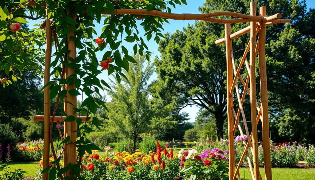 A serene garden scene featuring a bamboo frame garden trellis, intricately designed with crisscrossed bamboo poles supporting climbing plants like vibrant green vines and colorful flowers. In the foreground, the trellis is adorned with lush greenery and blooms, showcasing the organic, rustic aesthetic of DIY gardening. The middle ground reveals a well-kept garden bed bursting with colorful blossoms and herbs, while the background consists of gently swaying trees and a clear blue sky. The image is illuminated by soft, natural sunlight filtering through the leaves, casting dappled shadows on the ground, evoking a warm and inviting atmosphere. Use a wide-angle lens to capture the entire trellis and surrounding garden in vivid detail, emphasizing the tranquility of this outdoor DIY project. A serene garden scene featuring a bamboo frame garden trellis, intricately designed with crisscrossed bamboo poles supporting climbing plants like vibrant green vines and colorful flowers. In the foreground, the trellis is adorned with lush greenery and blooms, showcasing the organic, rustic aesthetic of DIY gardening. The middle ground reveals a well-kept garden bed bursting with colorful blossoms and herbs, while the background consists of gently swaying trees and a clear blue sky. The image is illuminated by soft, natural sunlight filtering through the leaves, casting dappled shadows on the ground, evoking a warm and inviting atmosphere. Use a wide-angle lens to capture the entire trellis and surrounding garden in vivid detail, emphasizing the tranquility of this outdoor DIY project.