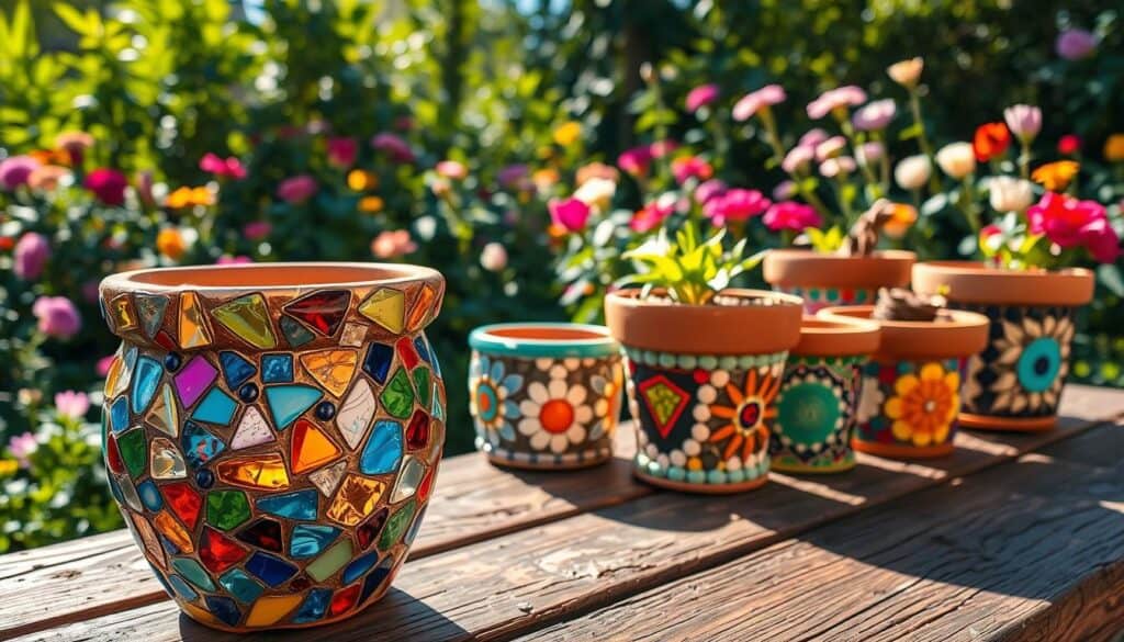 A serene garden scene featuring vibrant flower pots transformed into stunning mosaic art. Each pot is adorned with a unique collection of colorful tiles, glass pieces, and natural materials, showcasing intricate patterns and designs. In the foreground, a close-up of a particularly striking pot, reflecting a kaleidoscope of colors under gentle sunlight. In the middle, various flower pots of different shapes and sizes, each boasting its own mosaic masterpiece, arranged on a rustic wooden table. The background reveals a lush garden filled with blooming flowers and greenery, soft sunlight filtering through the leaves to create a warm, inviting atmosphere. Capture the essence of creativity and artistry in a tranquil outdoor setting, emphasizing detail, texture, and the joy of DIY projects, with bright, natural lighting enhancing the colors and patterns. A serene garden scene featuring vibrant flower pots transformed into stunning mosaic art. Each pot is adorned with a unique collection of colorful tiles, glass pieces, and natural materials, showcasing intricate patterns and designs. In the foreground, a close-up of a particularly striking pot, reflecting a kaleidoscope of colors under gentle sunlight. In the middle, various flower pots of different shapes and sizes, each boasting its own mosaic masterpiece, arranged on a rustic wooden table. The background reveals a lush garden filled with blooming flowers and greenery, soft sunlight filtering through the leaves to create a warm, inviting atmosphere. Capture the essence of creativity and artistry in a tranquil outdoor setting, emphasizing detail, texture, and the joy of DIY projects, with bright, natural lighting enhancing the colors and patterns.