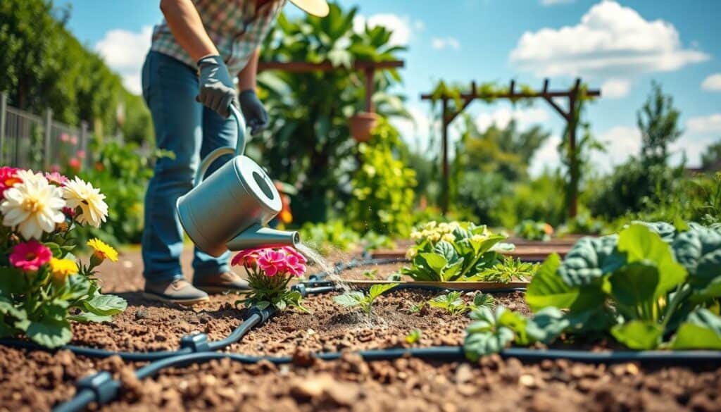 A serene garden scene focusing on a gardener watering plants correctly. In the foreground, a person wearing casual gardening attire, like a sun hat and gloves, is using a watering can to gently water a variety of blooming flowers and vibrant green vegetables. The middle ground features healthy, well-drained soil with a drip irrigation system and multiple garden beds, showcasing the importance of proper drainage. The background includes a sunny blue sky with soft clouds, an idyllic wooden trellis, and lush greenery. The lighting is bright and natural, with warm sunlight illuminating the scene, creating a peaceful and inviting atmosphere that emphasizes the importance of consistent watering. A serene garden scene focusing on a gardener watering plants correctly. In the foreground, a person wearing casual gardening attire, like a sun hat and gloves, is using a watering can to gently water a variety of blooming flowers and vibrant green vegetables. The middle ground features healthy, well-drained soil with a drip irrigation system and multiple garden beds, showcasing the importance of proper drainage. The background includes a sunny blue sky with soft clouds, an idyllic wooden trellis, and lush greenery. The lighting is bright and natural, with warm sunlight illuminating the scene, creating a peaceful and inviting atmosphere that emphasizes the importance of consistent watering.