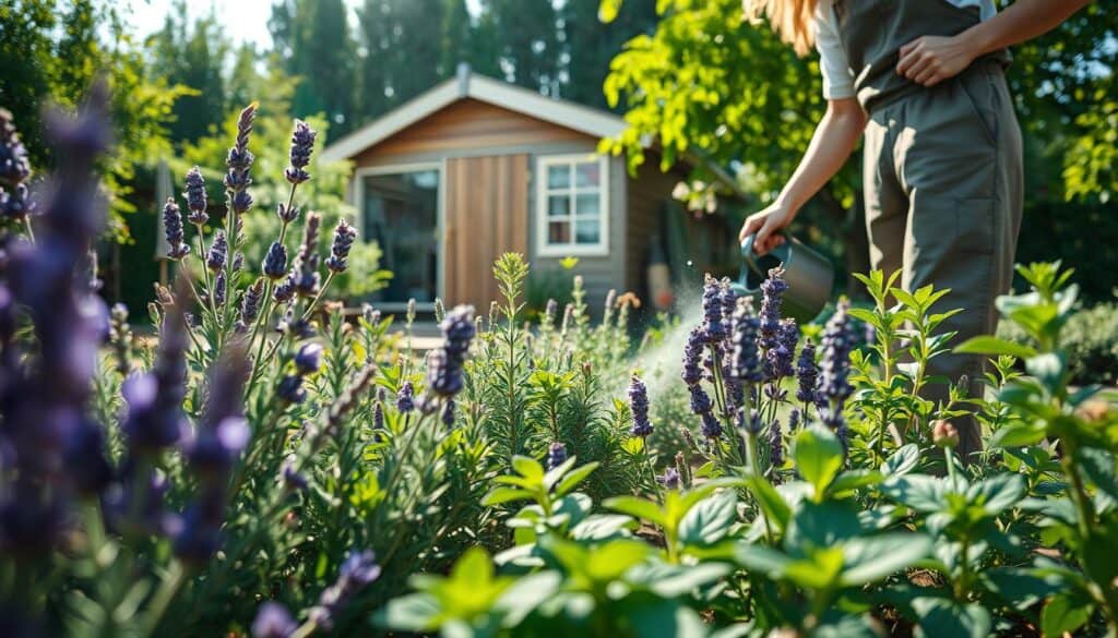 A serene garden scene focusing on aromatic plants like lavender, rosemary, and mint. In the foreground, a gardener, dressed in a modest casual outfit, is lovingly tending to the plants, watering them with a can. The middle ground features vibrant, lush plants with a variety of textures and colors, creating an inviting oasis. In the background, a well-maintained wooden garden shed under the soft glow of bright natural light. The atmosphere is calm and rejuvenating, with soft sunlight filtering through lush green leaves, casting gentle shadows. The composition is captured from a low angle, allowing the viewer to feel immersed in the fragrant garden experience.