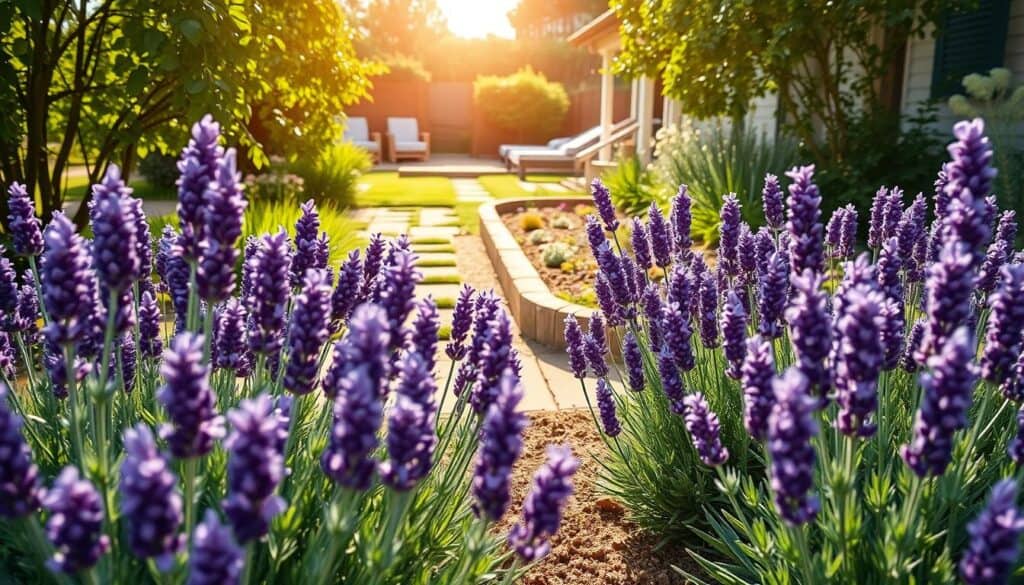 A serene garden scene showcasing a beautifully arranged lavender plant border. In the foreground, vibrant lavender plants with deep purple flowers are neatly spaced, their lush green foliage contrasting elegantly with the soft lavender hues. In the middle ground, a well-tended garden with rich, loamy soil surrounds the lavender, hinting at careful preparation for optimal growth. The background features a quaint, sunlit garden pathway lined with wooden edging, leading to a serene outdoor seating area. Bright, natural light filters gently through the leaves, casting soft shadows on the ground. The atmosphere is tranquil and inviting, embodying the essence of a perfect site for lavender to thrive. A serene garden scene showcasing a beautifully arranged lavender plant border. In the foreground, vibrant lavender plants with deep purple flowers are neatly spaced, their lush green foliage contrasting elegantly with the soft lavender hues. In the middle ground, a well-tended garden with rich, loamy soil surrounds the lavender, hinting at careful preparation for optimal growth. The background features a quaint, sunlit garden pathway lined with wooden edging, leading to a serene outdoor seating area. Bright, natural light filters gently through the leaves, casting soft shadows on the ground. The atmosphere is tranquil and inviting, embodying the essence of a perfect site for lavender to thrive.