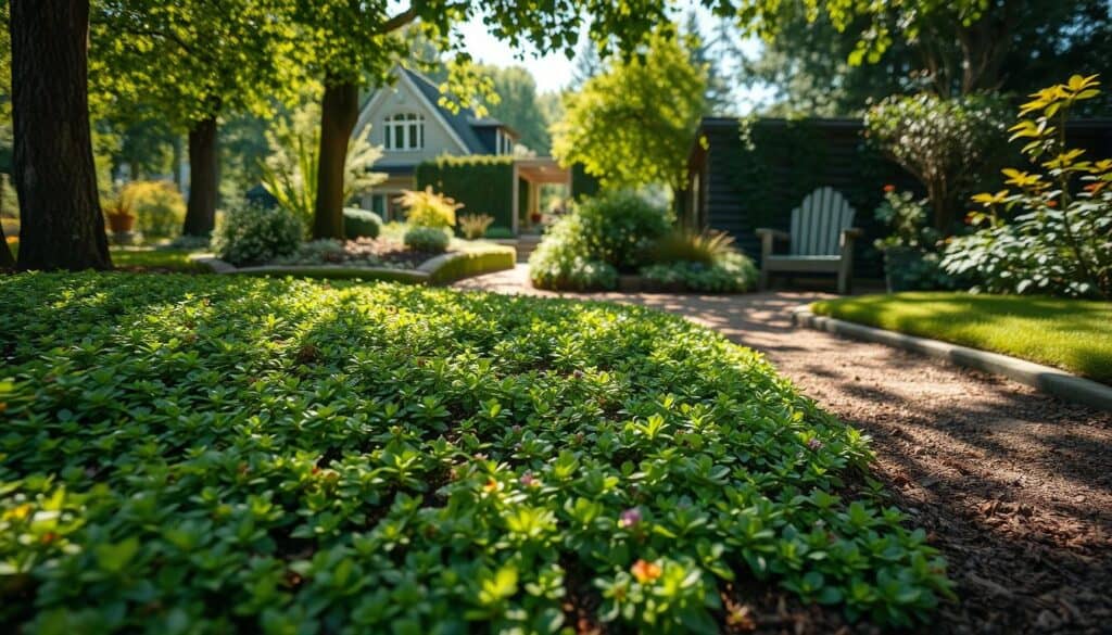 A serene garden scene showcasing the best creeping ground cover for shady areas, featuring lush green plants like creeping thyme, ajuga, and moss. In the foreground, a dense carpet of vibrant ground cover plants engulfs the earth, their rich colors contrasting beautifully with the brown mulch surrounding them. In the middle ground, dappled sunlight filters through the leaves of tall, leafy trees, casting gentle shadows over the vibrant foliage. The background reveals a tranquil garden path, leading to a quaint seating area nestled among thriving plants. The mood is calm and inviting, evoking a sense of peaceful retreat. Use a soft focus lens to capture the natural beauty, with bright yet soft natural light illuminating the scene. A serene garden scene showcasing the best creeping ground cover for shady areas, featuring lush green plants like creeping thyme, ajuga, and moss. In the foreground, a dense carpet of vibrant ground cover plants engulfs the earth, their rich colors contrasting beautifully with the brown mulch surrounding them. In the middle ground, dappled sunlight filters through the leaves of tall, leafy trees, casting gentle shadows over the vibrant foliage. The background reveals a tranquil garden path, leading to a quaint seating area nestled among thriving plants. The mood is calm and inviting, evoking a sense of peaceful retreat. Use a soft focus lens to capture the natural beauty, with bright yet soft natural light illuminating the scene.