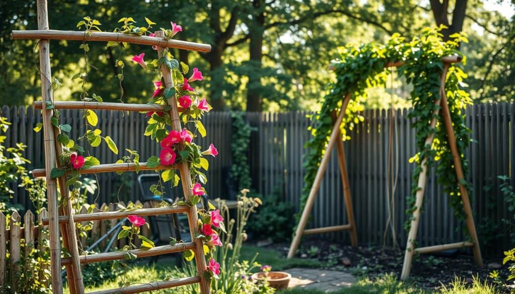 A serene garden setting featuring various DIY garden trellises made from inexpensive materials like branches, bamboo, and reclaimed wood. In the foreground, showcase a rustic ladder trellis adorned with climbing plants, such as peas and morning glories, flourishing with vibrant flowers. The middle ground displays a simple A-frame trellis covered in lush green vines, inviting a sense of tranquility. In the background, gentle sunlight filters through trees, casting dappled light on the scene, creating a warm, inviting atmosphere. Capture this in a soft focus to emphasize the organic textures of the wood and the vibrant colors of the plants. The composition should convey creativity, sustainability, and natural beauty, ideal for a DIY enthusiast's inspiration. A serene garden setting featuring various DIY garden trellises made from inexpensive materials like branches, bamboo, and reclaimed wood. In the foreground, showcase a rustic ladder trellis adorned with climbing plants, such as peas and morning glories, flourishing with vibrant flowers. The middle ground displays a simple A-frame trellis covered in lush green vines, inviting a sense of tranquility. In the background, gentle sunlight filters through trees, casting dappled light on the scene, creating a warm, inviting atmosphere. Capture this in a soft focus to emphasize the organic textures of the wood and the vibrant colors of the plants. The composition should convey creativity, sustainability, and natural beauty, ideal for a DIY enthusiast's inspiration.