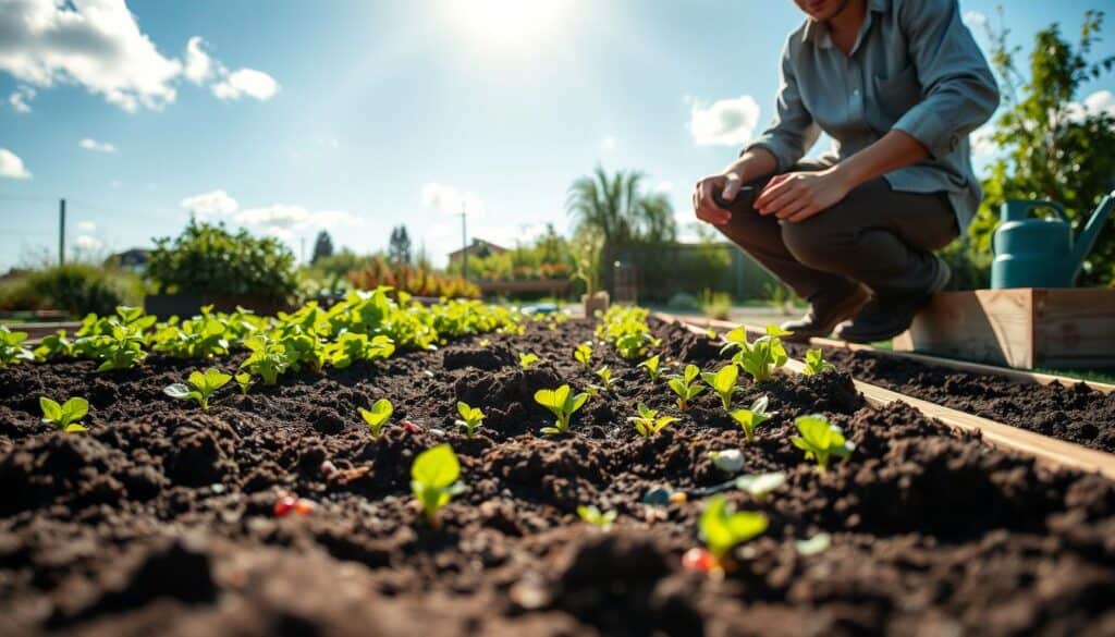 A serene gardening scene depicting a gardener in modest casual clothing planting winter cover crops in raised beds. The foreground shows the gardener kneeling in rich, dark soil, gently placing colorful seeds into well-turned beds. In the middle, lush greenery and vibrant seedlings are emerging, creating a nurturing atmosphere. The background features a bright blue sky with soft, white clouds, and sunlight filtering through, casting a warm glow on the scene. The raised beds are made of natural wood, showcasing organic textures, while a garden tool and a watering can rest beside them. The mood is calm and productive, evoking the sense of nurturing life and preparing for the upcoming season. Shot from a slightly elevated angle, giving an expansive view of the thriving garden. A serene gardening scene depicting a gardener in modest casual clothing planting winter cover crops in raised beds. The foreground shows the gardener kneeling in rich, dark soil, gently placing colorful seeds into well-turned beds. In the middle, lush greenery and vibrant seedlings are emerging, creating a nurturing atmosphere. The background features a bright blue sky with soft, white clouds, and sunlight filtering through, casting a warm glow on the scene. The raised beds are made of natural wood, showcasing organic textures, while a garden tool and a watering can rest beside them. The mood is calm and productive, evoking the sense of nurturing life and preparing for the upcoming season. Shot from a slightly elevated angle, giving an expansive view of the thriving garden.