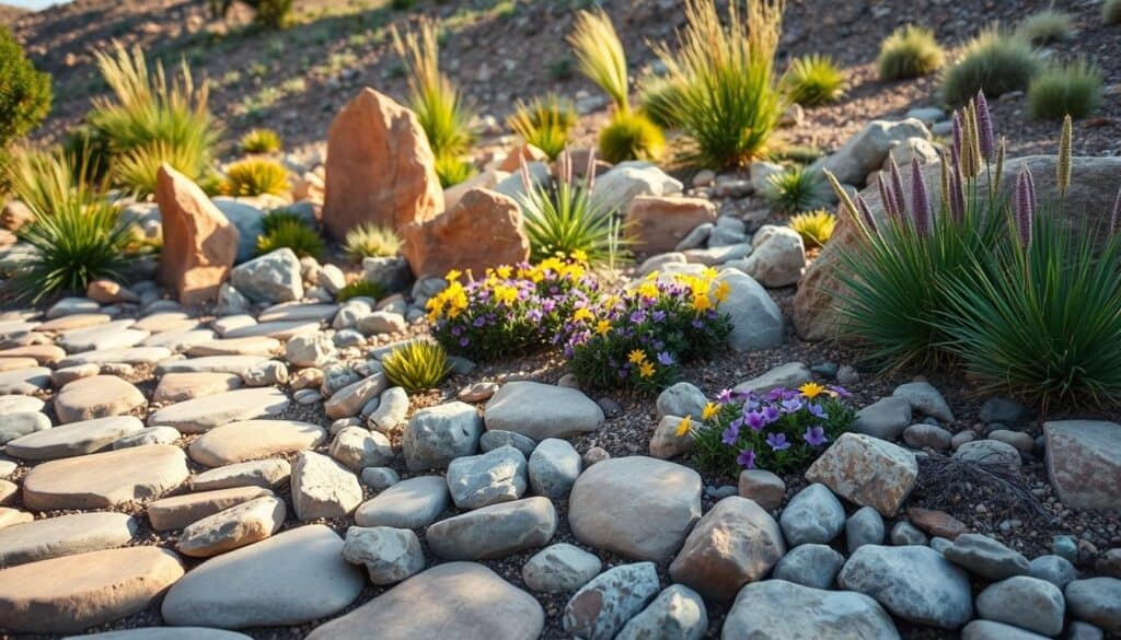 A serene low-maintenance front yard rockery, featuring a diverse arrangement of colorful stones and drought-resistant plants, such as succulents and ornamental grasses. In the foreground, smooth river stones create natural pathways, while vibrant rock formations rise playfully among the greenery. The middle ground showcases clusters of low-growing flowers in hues of purple and yellow, harmonizing with the rocks. The background reveals a gently sloping hill, bathed in soft sunlight that illuminates the scene with a warm glow. The overall atmosphere is tranquil and inviting, ideal for a peaceful outdoor space. Captured with a wide-angle lens, the focus enhances the textures of the rocks and plants, ensuring a realistic and detailed representation. A serene low-maintenance front yard rockery, featuring a diverse arrangement of colorful stones and drought-resistant plants, such as succulents and ornamental grasses. In the foreground, smooth river stones create natural pathways, while vibrant rock formations rise playfully among the greenery. The middle ground showcases clusters of low-growing flowers in hues of purple and yellow, harmonizing with the rocks. The background reveals a gently sloping hill, bathed in soft sunlight that illuminates the scene with a warm glow. The overall atmosphere is tranquil and inviting, ideal for a peaceful outdoor space. Captured with a wide-angle lens, the focus enhances the textures of the rocks and plants, ensuring a realistic and detailed representation.