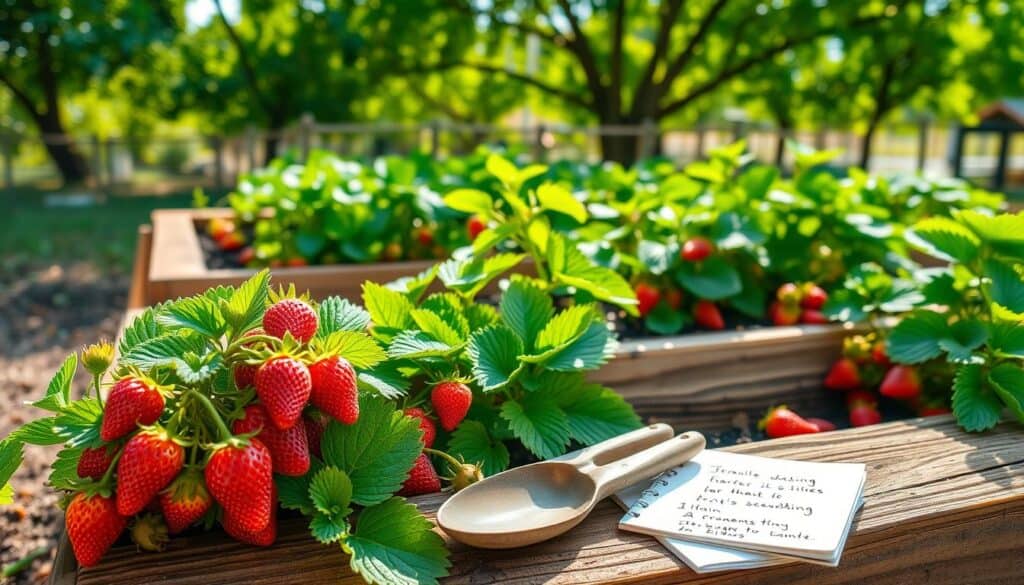 A serene raised bed garden featuring vibrant strawberry plants in various stages of growth, highlighting troubleshooting tips. In the foreground, clusters of ripe red strawberries peeking through lush green foliage, alongside a small gardening trowel and a notebook with handwritten notes on strawberry care. The middle ground showcases a well-structured raised bed made of weathered wood, with healthy, green leaves bustling in a gentle breeze. In the background, soft sunlight filters through a canopy of leafy trees, casting gentle shadows and creating an airy, bright atmosphere. The scene is captured with a slight overhead angle to emphasize the depth of the garden. Warm, inviting tones enhance the mood, encouraging a sense of peace and inspiration for gardeners. A serene raised bed garden featuring vibrant strawberry plants in various stages of growth, highlighting troubleshooting tips. In the foreground, clusters of ripe red strawberries peeking through lush green foliage, alongside a small gardening trowel and a notebook with handwritten notes on strawberry care. The middle ground showcases a well-structured raised bed made of weathered wood, with healthy, green leaves bustling in a gentle breeze. In the background, soft sunlight filters through a canopy of leafy trees, casting gentle shadows and creating an airy, bright atmosphere. The scene is captured with a slight overhead angle to emphasize the depth of the garden. Warm, inviting tones enhance the mood, encouraging a sense of peace and inspiration for gardeners.