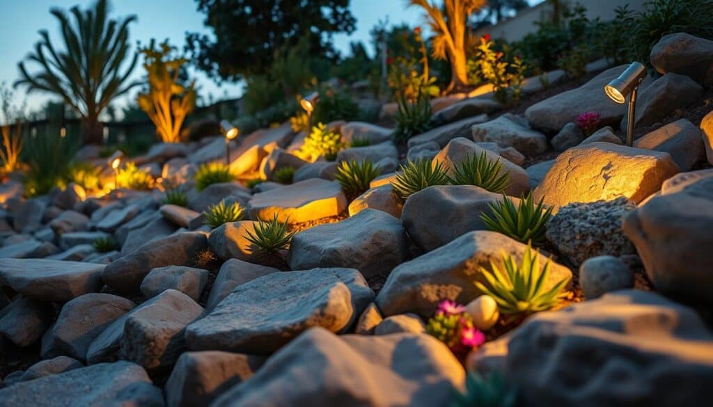 A serene rock garden illuminated by soft outdoor lighting, creating a tranquil ambiance. In the foreground, smooth, textured stones are carefully arranged, interspersed with vibrant succulents and small flowering plants. The middle ground features elegant, adjustable LED spotlights that softly highlight the rocks and greenery, casting gentle shadows that enhance the contours. In the background, a gentle slope is adorned with more abundant plants, all bathed in warm, golden light from the setting sun, creating a cozy feel. The atmosphere is peaceful and inviting, perfect for evening relaxation. The angle is slightly elevated, capturing the interplay of light and nature harmoniously arranged amidst the rocks. A serene rock garden illuminated by soft outdoor lighting, creating a tranquil ambiance. In the foreground, smooth, textured stones are carefully arranged, interspersed with vibrant succulents and small flowering plants. The middle ground features elegant, adjustable LED spotlights that softly highlight the rocks and greenery, casting gentle shadows that enhance the contours. In the background, a gentle slope is adorned with more abundant plants, all bathed in warm, golden light from the setting sun, creating a cozy feel. The atmosphere is peaceful and inviting, perfect for evening relaxation. The angle is slightly elevated, capturing the interplay of light and nature harmoniously arranged amidst the rocks.