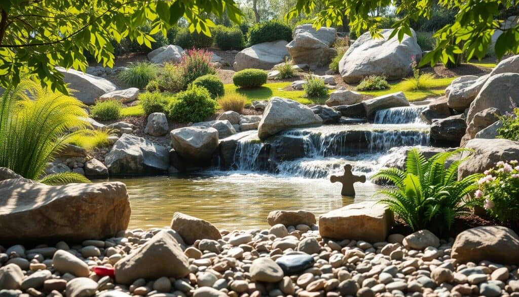 A serene rock waterfall garden design that seamlessly integrates a cascading water feature. In the foreground, smooth stones and pebbles surround the base of the waterfall, while vibrant greenery, including ferns and flowering plants, add life and color. The middle ground features a gently flowing waterfall, with water glistening in the soft sunlight, creating a tranquil soundscape. In the background, a beautifully landscaped slope is dotted with larger boulders and a variety of shrubs. The scene is illuminated by bright, natural light filtering through the leaves, casting soft shadows and enhancing the colors. The overall mood is peaceful and meditative, inviting viewers to imagine the soothing experience of a natural oasis. Capture this scene from a slightly elevated angle to showcase the entirety of the garden's design, focusing on the harmonious blend of water and stone. A serene rock waterfall garden design that seamlessly integrates a cascading water feature. In the foreground, smooth stones and pebbles surround the base of the waterfall, while vibrant greenery, including ferns and flowering plants, add life and color. The middle ground features a gently flowing waterfall, with water glistening in the soft sunlight, creating a tranquil soundscape. In the background, a beautifully landscaped slope is dotted with larger boulders and a variety of shrubs. The scene is illuminated by bright, natural light filtering through the leaves, casting soft shadows and enhancing the colors. The overall mood is peaceful and meditative, inviting viewers to imagine the soothing experience of a natural oasis. Capture this scene from a slightly elevated angle to showcase the entirety of the garden's design, focusing on the harmonious blend of water and stone.